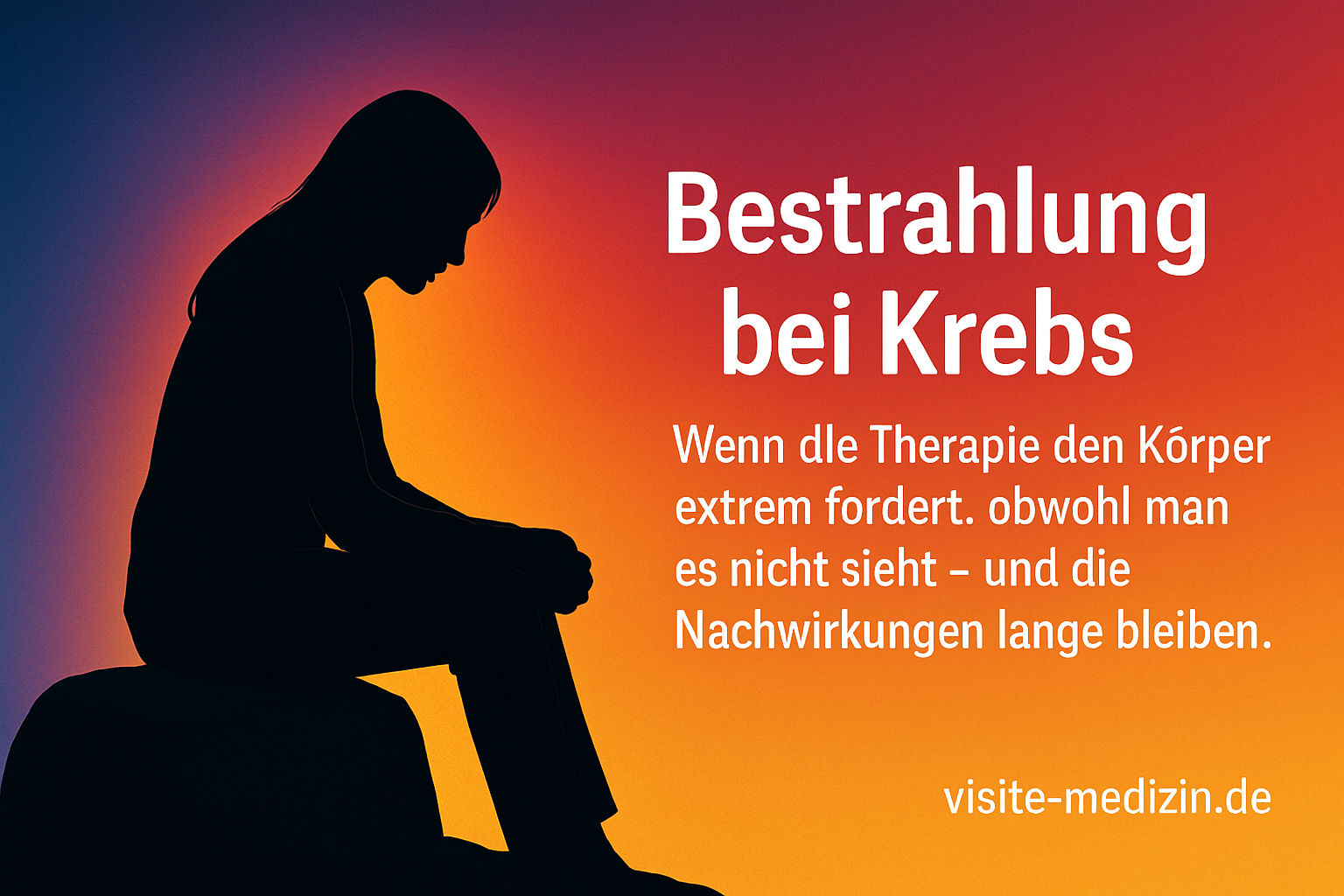 Schwarze Silhouette einer etwa 40-jährigen Frau mit langen glatten Haaren, die erschöpft auf einem Stein sitzt. Links die Figur, rechts der Text: Bestrahlung bei Krebs – Wenn die Therapie den Körper extrem fordert, obwohl man es nicht sieht, und die Nachwirkungen lange bleiben.