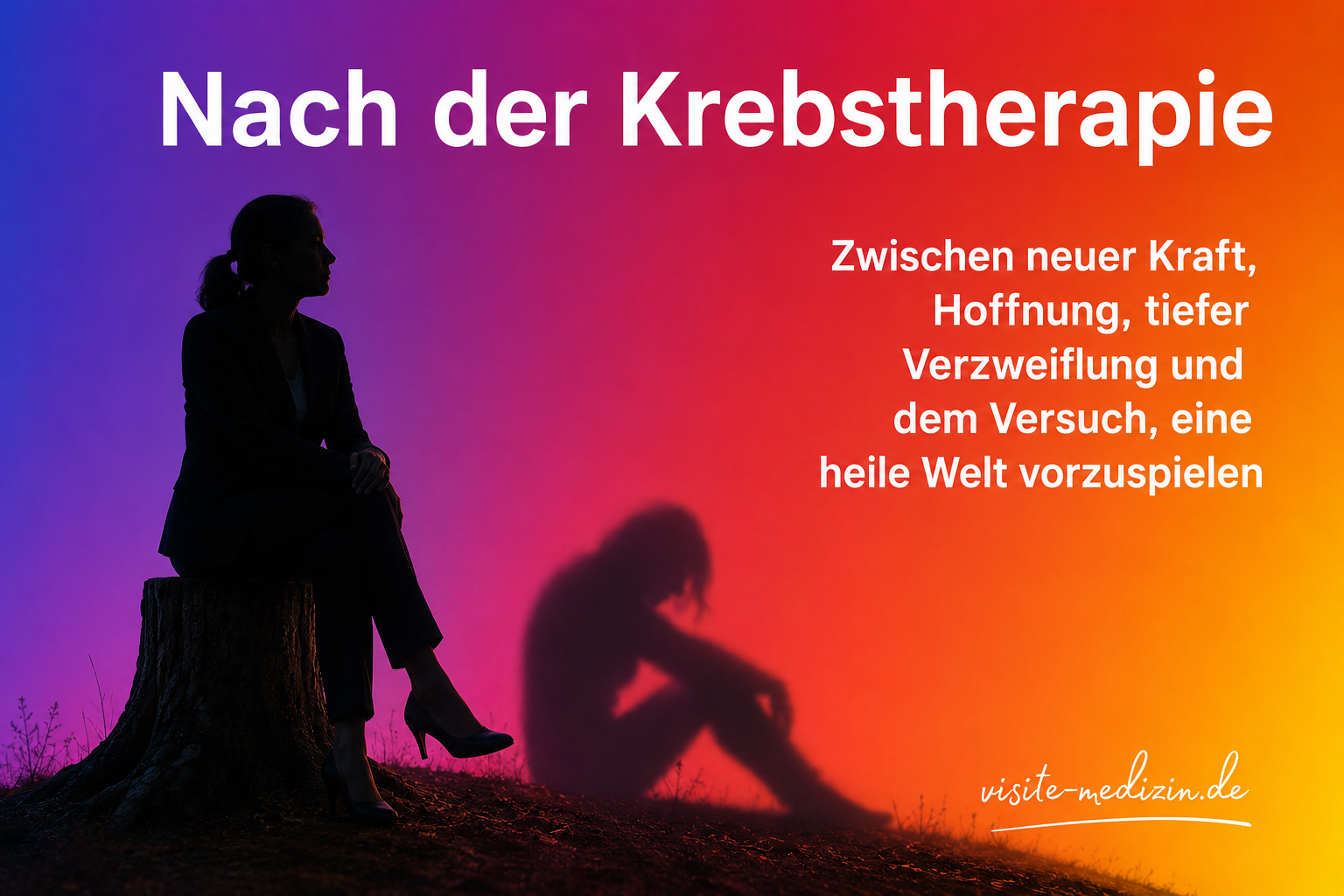 Symbolbild zum Leben nach der Krebstherapie: Eine Frau als dunkle Silhouette sitzt in der Natur auf einem Baumstumpf. Neben ihr ist ein erschöpfter Schatten zu sehen. Der Hintergrund zeigt einen kräftigen Farbverlauf in Blau, Violett, Rot, Orange und Gelb. Im Bild steht der Titel Nach der Krebstherapie und der Untertitel Zwischen neuer Kraft, Hoffnung, tiefer Verzweiflung und dem Versuch, eine heile Welt vorzuspielen.