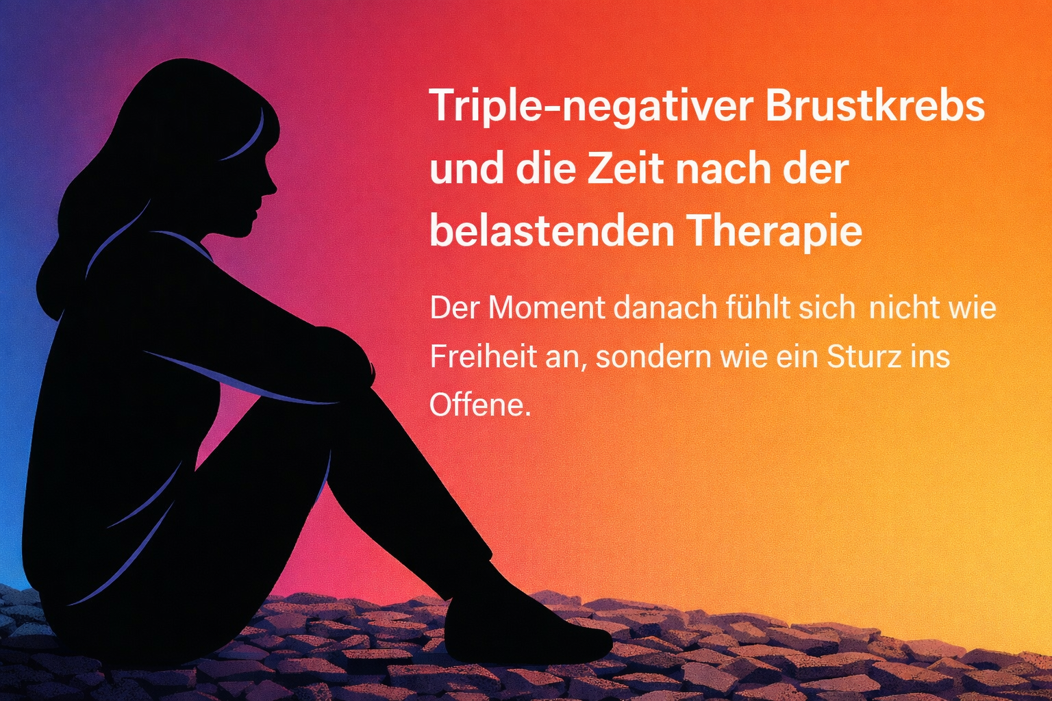 Schwarze Silhouette einer etwa 40-jährigen Frau im Business-Look, sitzend auf steinigem Boden vor einem hochwertigen Farbverlauf in Blau, Magenta, Rot, Orange und Gelb. Rechts steht der Titel und Untertitel zum Thema triple-negativer Krebs nach belastender Therapie.