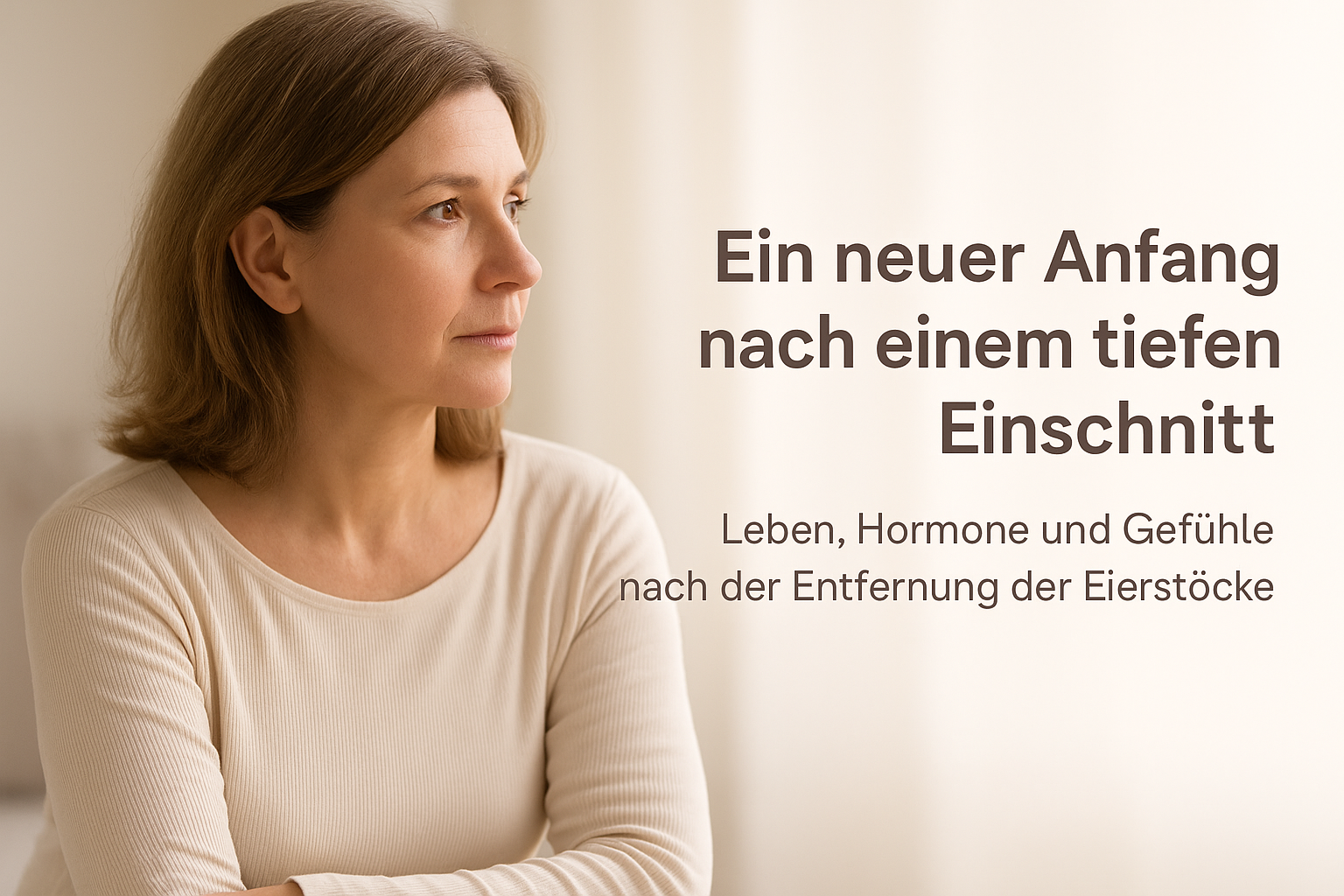 Nachdenkliche Frau blickt ins warme Licht – Hoffnung und Neuanfang nach der Entfernung der Eierstöcke