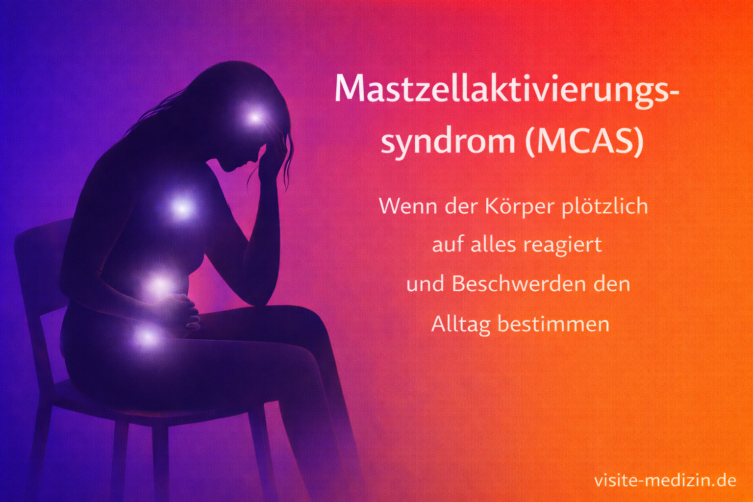 Schwarze Silhouette einer sitzenden Frau vor ruhigem Farbverlauf. Titel: Mastzellaktivierungssyndrom (MCAS). Untertitel: Wenn der Körper plötzlich auf alles reagiert und Beschwerden den Alltag bestimmen. Signatur: visite-medizin.de.