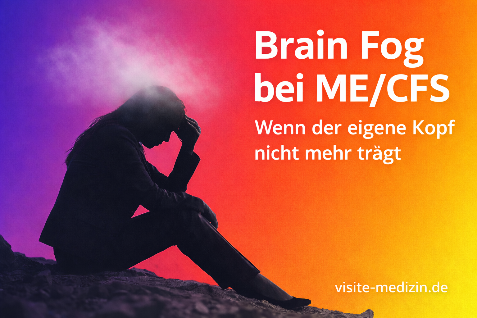 Schwarze Silhouette einer 35-jährigen Frau mit langen Haaren im Business-Outfit, sitzend auf steinigem Boden. Links die Figur, rechts großer Text: „Brain Fog bei ME/CFS“ und „Wenn der eigene Kopf nicht mehr trägt“. Unten rechts die Signatur „visite-medizin.de“ vor einem weichen Farbverlauf von Blau über Magenta und Orange zu Gelb.