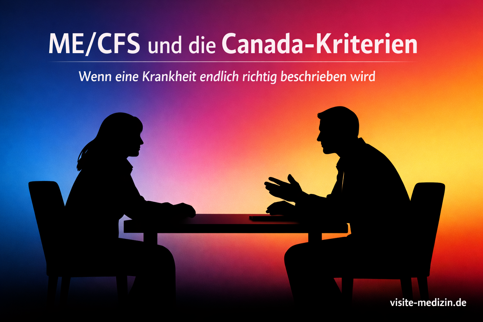 Schwarze Silhouetten: Patientin und Arzt sitzen sich an einem Schreibtisch gegenüber. Hintergrund mit sanftem Farbverlauf von Blau über Magenta und Rot zu Orange und Gelb. Oben steht der Titel „ME/CFS und die Canada-Kriterien“, darunter der Untertitel „Wenn eine Krankheit endlich richtig beschrieben wird“. Unten rechts steht „visite-medizin.de“.