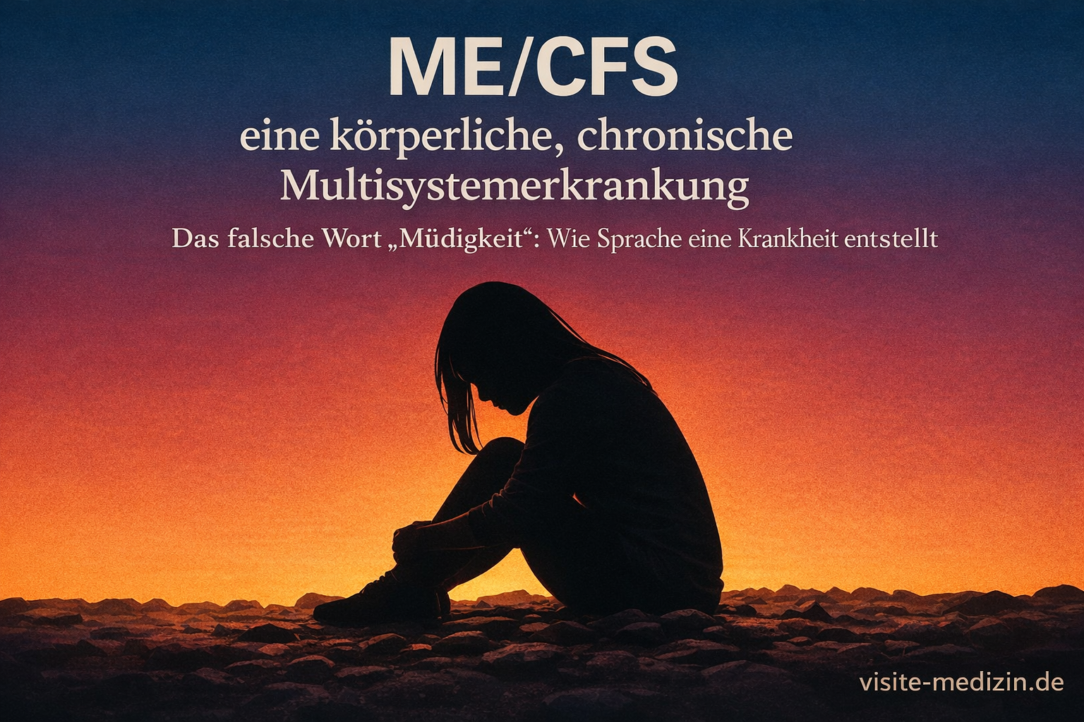 Schwarze Silhouette einer Frau mit langen glatten Haaren, sitzend auf einem steinigen Boden vor einem sanften Farbverlauf in Blau, Magenta, Rot, Orange und Gelb. Text im Bild: „ME/CFS eine körperliche, chronische Multisystemerkrankung“ und „Das falsche Wort ‚Müdigkeit‘: Wie Sprache eine Krankheit entstellt“. Signatur: visite-medizin.de.