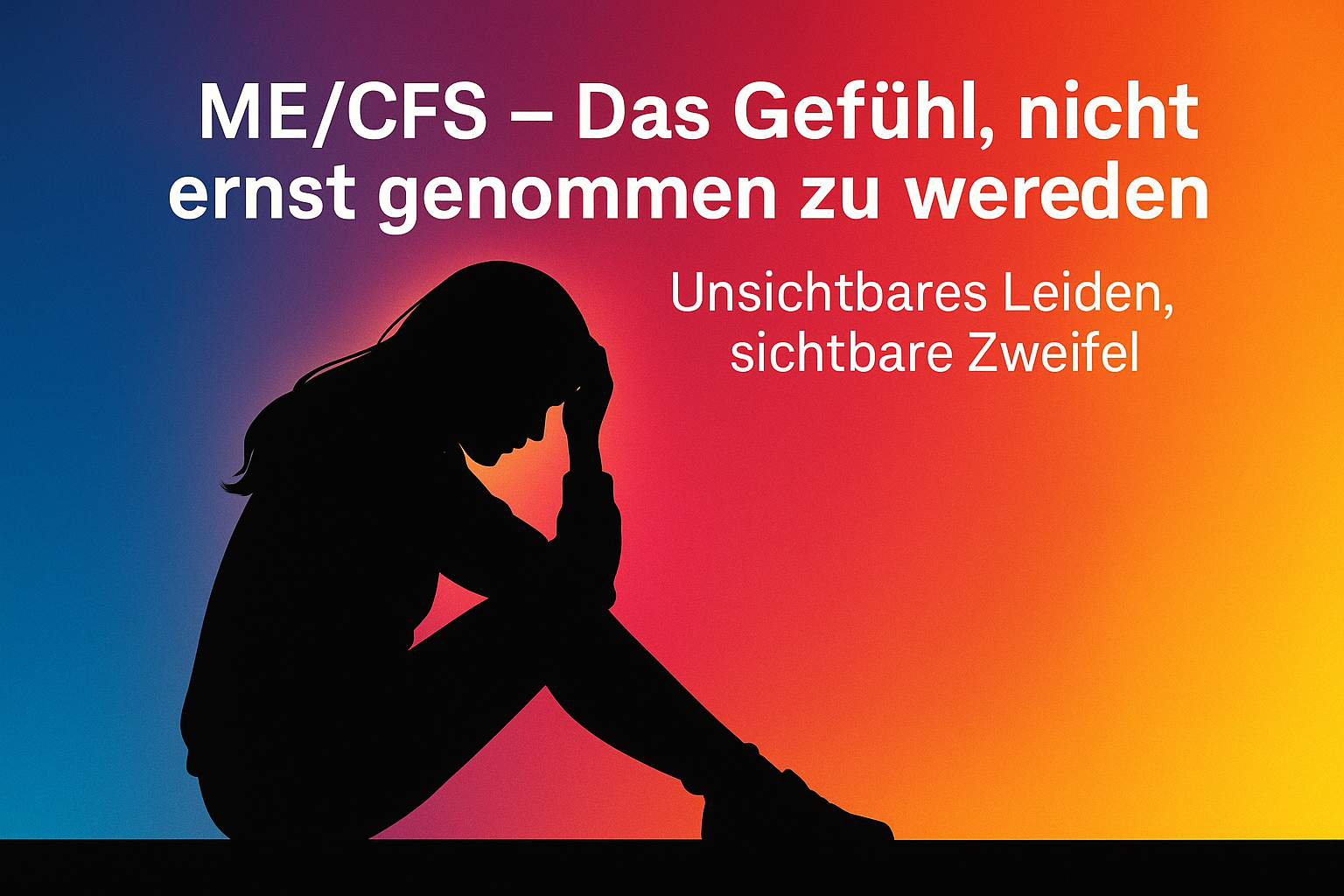 Schwarze Silhouette einer jungen Frau mit langen Haaren und Hoodie, sitzend auf dem Boden vor einem Farbverlauf von Blau über Magenta zu Rot, Orange und Gelb. Darüber der Text: ME/CFS – Das Gefühl, nicht ernst genommen zu werden. Unsichtbares Leiden, sichtbare Zweifel.