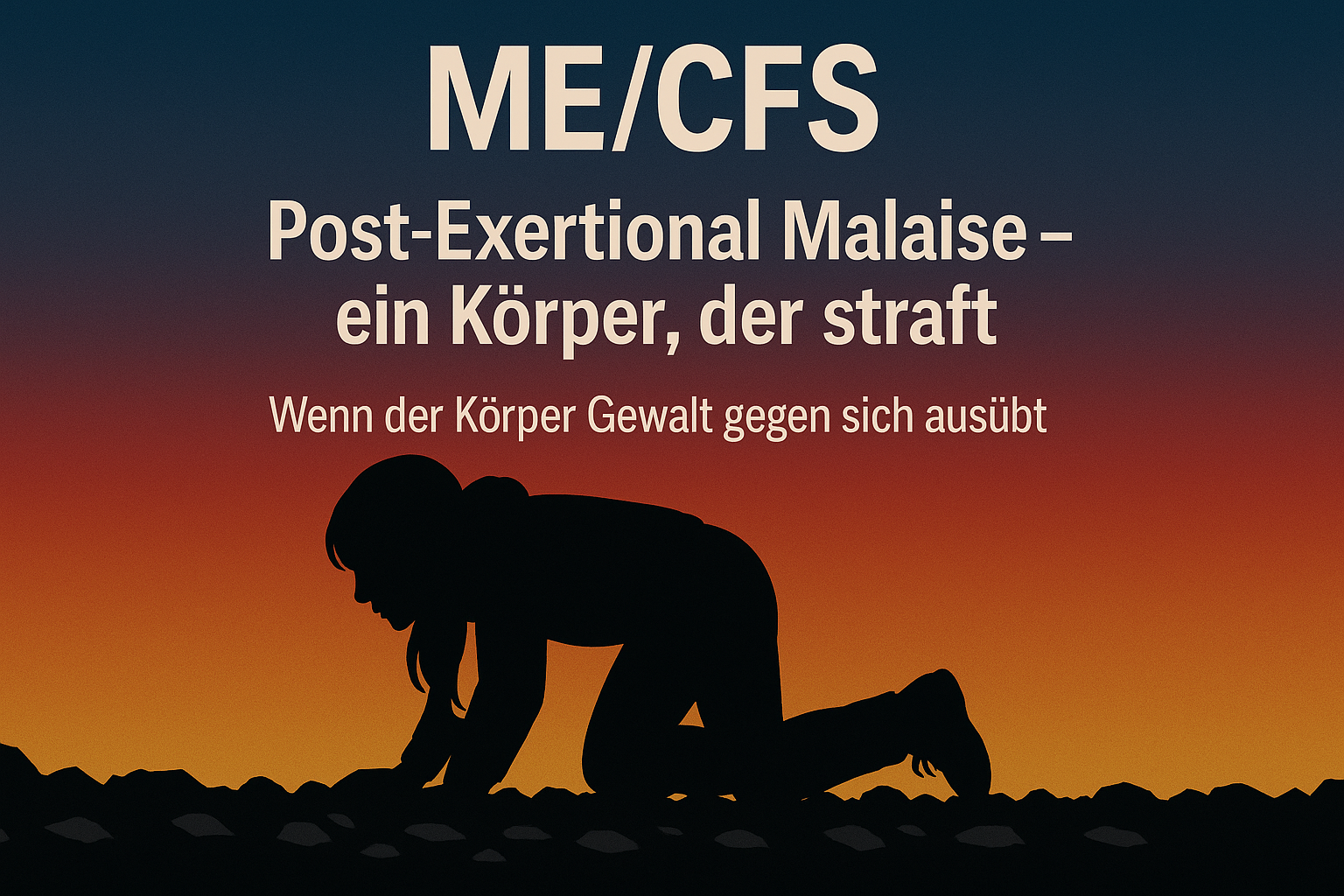 Schwarze Silhouette einer 35-jährigen Frau mit Hoodie und langen glatten Haaren, die erschöpft auf einem steinigen Boden kriecht; darüber in weißer Schrift: „ME/CFS“, „Post-Exertional Malaise – ein Körper, der straft“ und „Wenn der Körper Gewalt gegen sich ausübt“; Hintergrund mit Verlauf von Dunkelblau über Magenta und Rot zu Orange und Gelb.