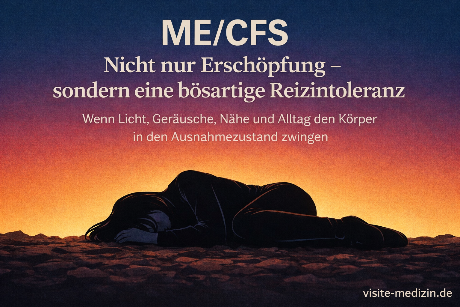 Schwarze Silhouette einer Frau, seitlich auf steinigem Boden liegend, vor sanftem Farbverlauf von Dunkelblau über Magenta und Rot zu Orange und Gelb. Im Bild steht der Titel über ME/CFS und Reizintoleranz, unten rechts die Signatur visite-medizin.de.