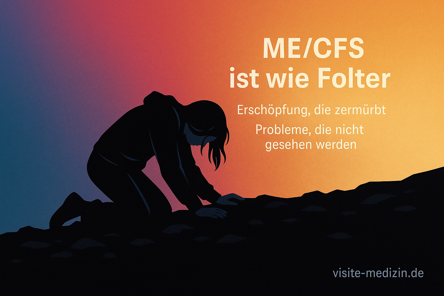 Silhouette einer erschöpften Frau im Hoodie, die auf steinigem Boden kniet. Im Hintergrund ein weicher Farbverlauf in Blau, Magenta, Rot, Orange und Gelb, daneben der Text: ME/CFS ist wie Folter – Erschöpfung, die zermürbt – Probleme, die nicht gesehen werden. Signatur visite-medizin.de.