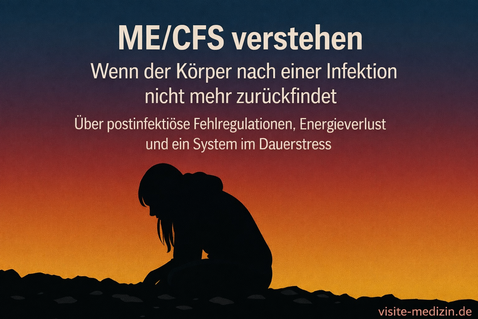 Schwarze Passepartout-Silhouette einer sitzenden Frau mit Hoodie auf schrägem, steinigem Boden vor einem Farbverlauf von Blau über Magenta und Rot bis Orange und Gelb; Text: ME/CFS verstehen – Wenn der Körper nach einer Infektion nicht mehr zurückfindet; Signatur visite-medizin.de.