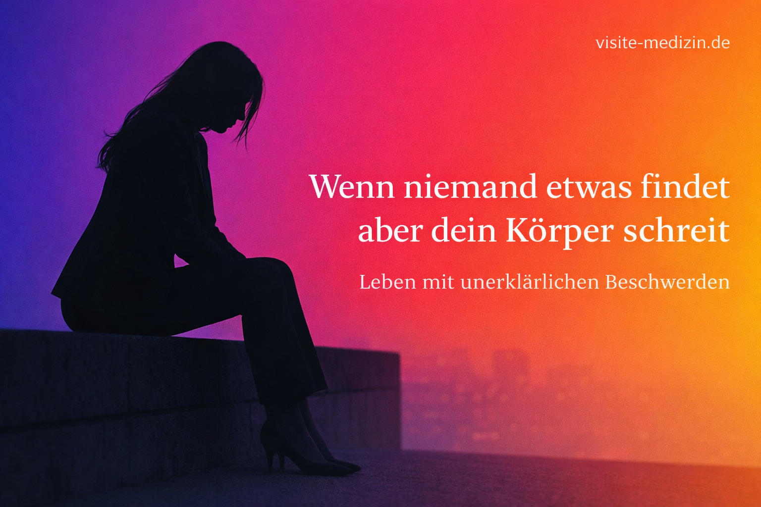 Silhouette einer Frau im Business-Outfit auf einer Mauer vor farbigem Hintergrund mit dem Text: Wenn niemand etwas findet aber dein Körper schreit. Untertitel: Leben mit unerklärlichen Beschwerden. Signatur: visite-medizin.de.