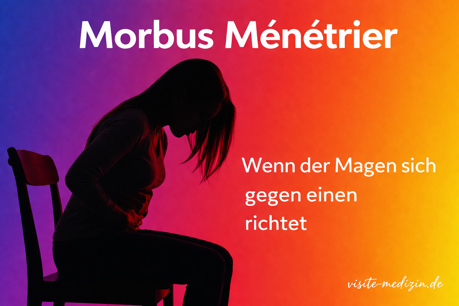 Morbus Ménétrier – Silhouette einer Frau auf einem Stuhl mit schmerzbedingter Haltung vor einem farbigen Hintergrund. Oben steht der Titel Morbus Ménétrier, unten der Untertitel Wenn der Magen sich gegen einen richtet.