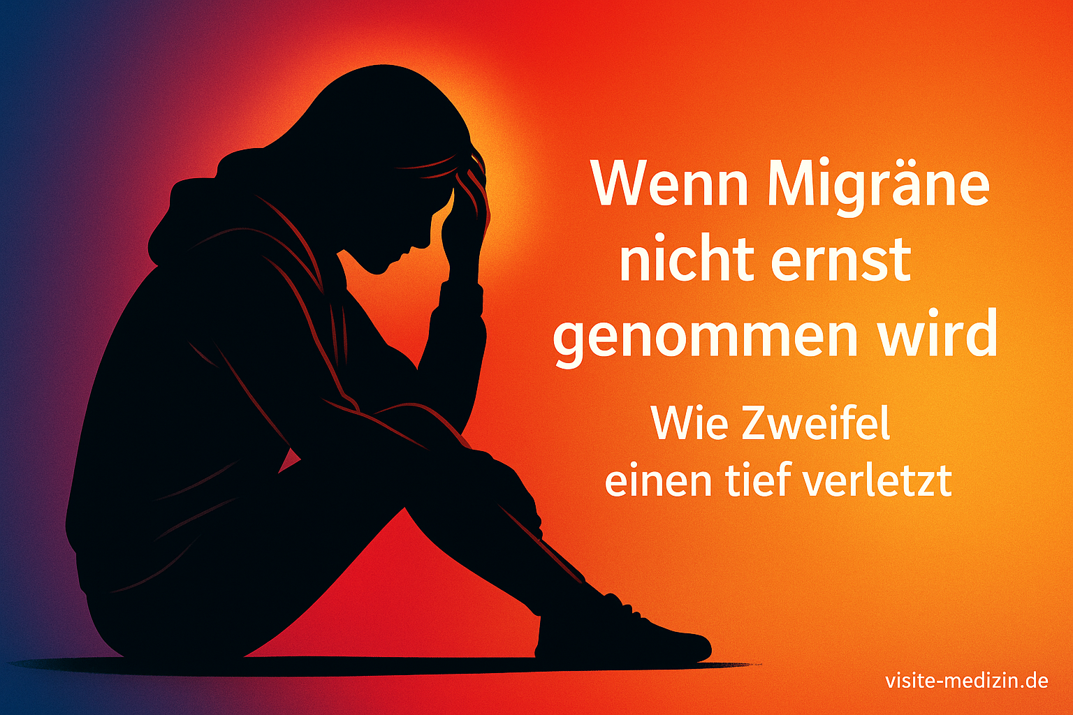 Silhouette einer Frau im Hoodie, die auf dem Boden sitzt und den Kopf in den Händen hält. Im farbigen Hintergrund steht der Text: Wenn Migräne nicht ernst genommen wird – Wie Zweifel einen tief verletzt.