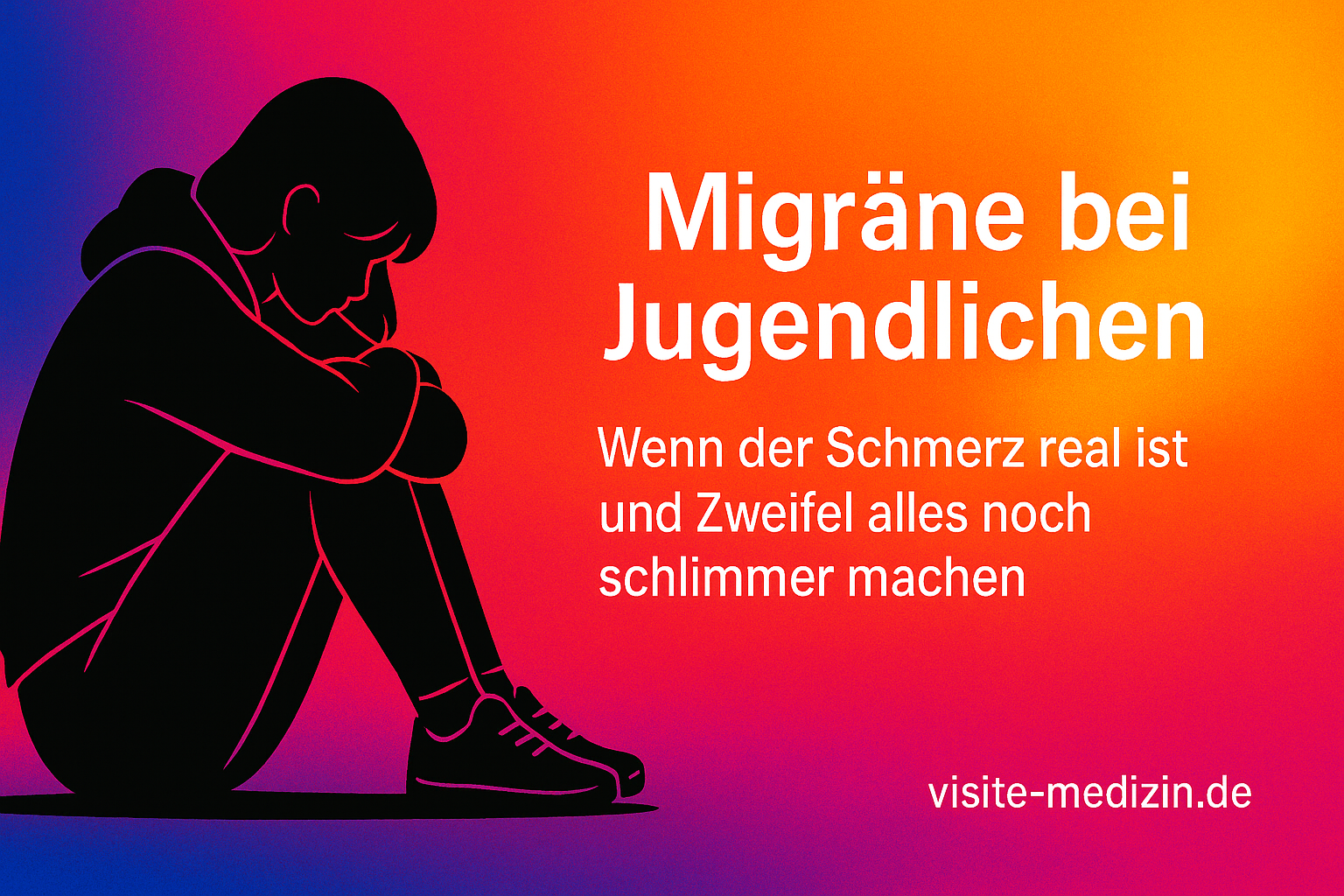 Schwarze Passepartout-Silhouette einer 18-jährigen Frau mit Hoodie und Turnschuhen, auf dem Boden sitzend, Knie angezogen, Kopf zwischen den Knien; Hintergrund mit Farbverlauf Blau, Magenta, Rot, Orange, Gelb; Text: „Migräne bei Jugendlichen“ und „Wenn der Schmerz real ist und Zweifel alles noch schlimmer machen“, Signatur „visite-medizin.de“ unten rechts.