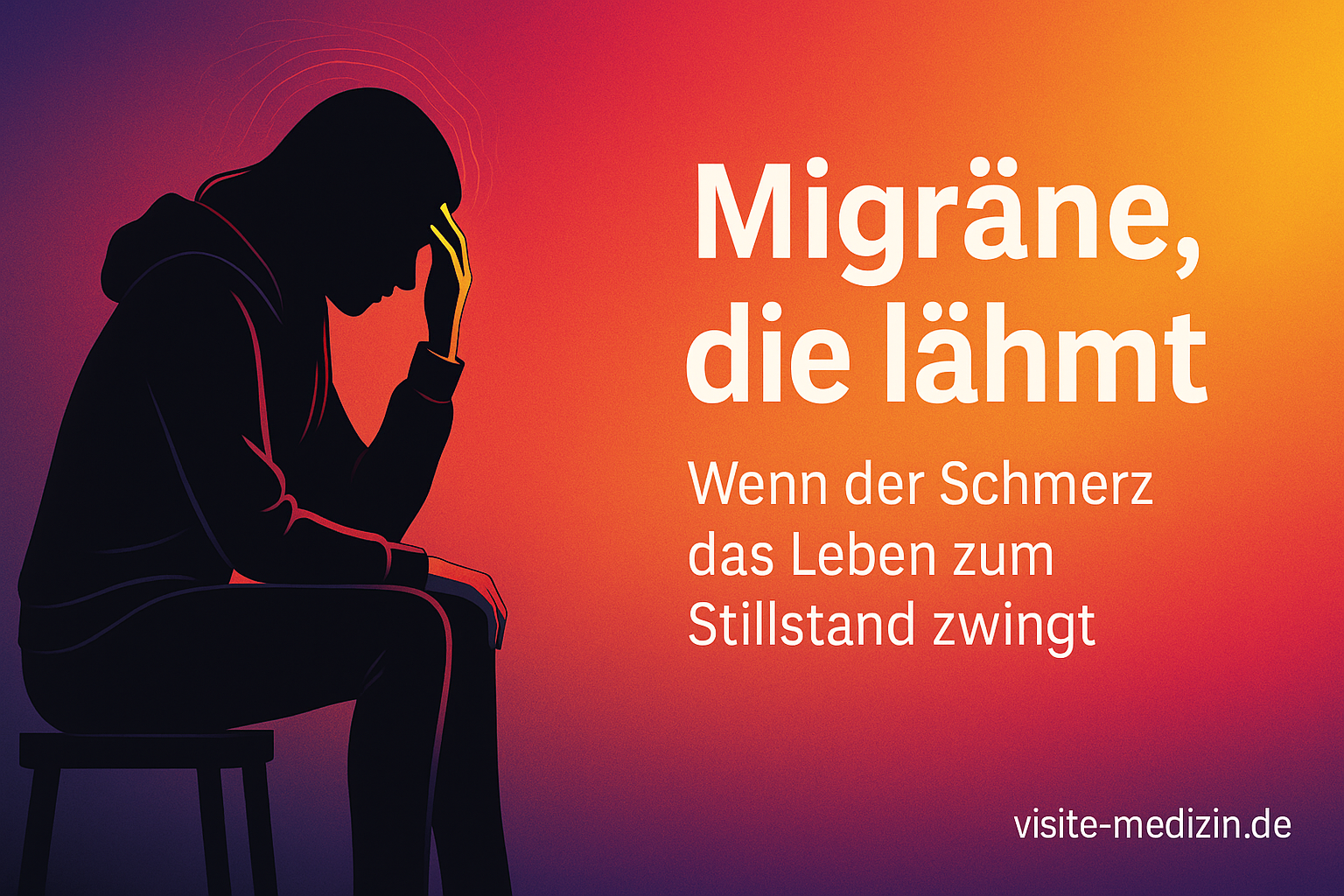 Silhouette einer Frau mit Hoodie, die auf einem Hocker sitzt und sich mit der Hand die Stirn hält. Rechts im Bild steht der Text: Migräne, die lähmt – Wenn der Schmerz das Leben zum Stillstand zwingt. Unten rechts steht visite-medizin.de.