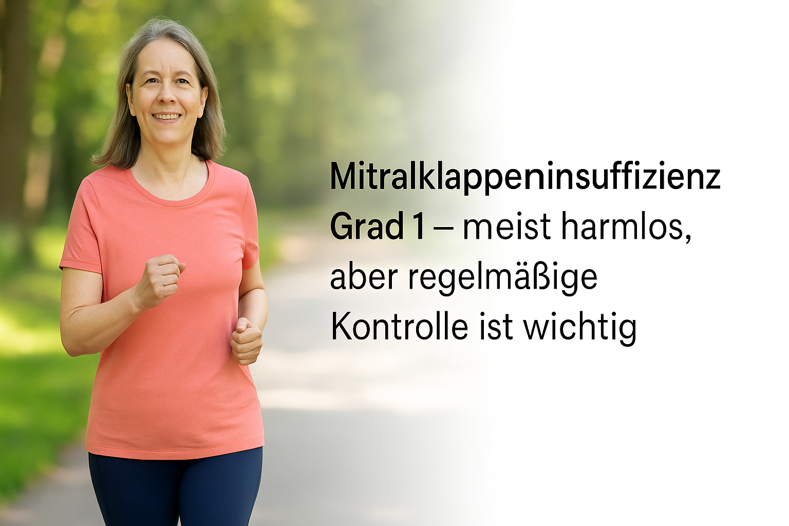 Mittleren Alters Frau joggt im Park – Symbolbild für Herzgesundheit bei Mitralklappeninsuffizienz Grad 1