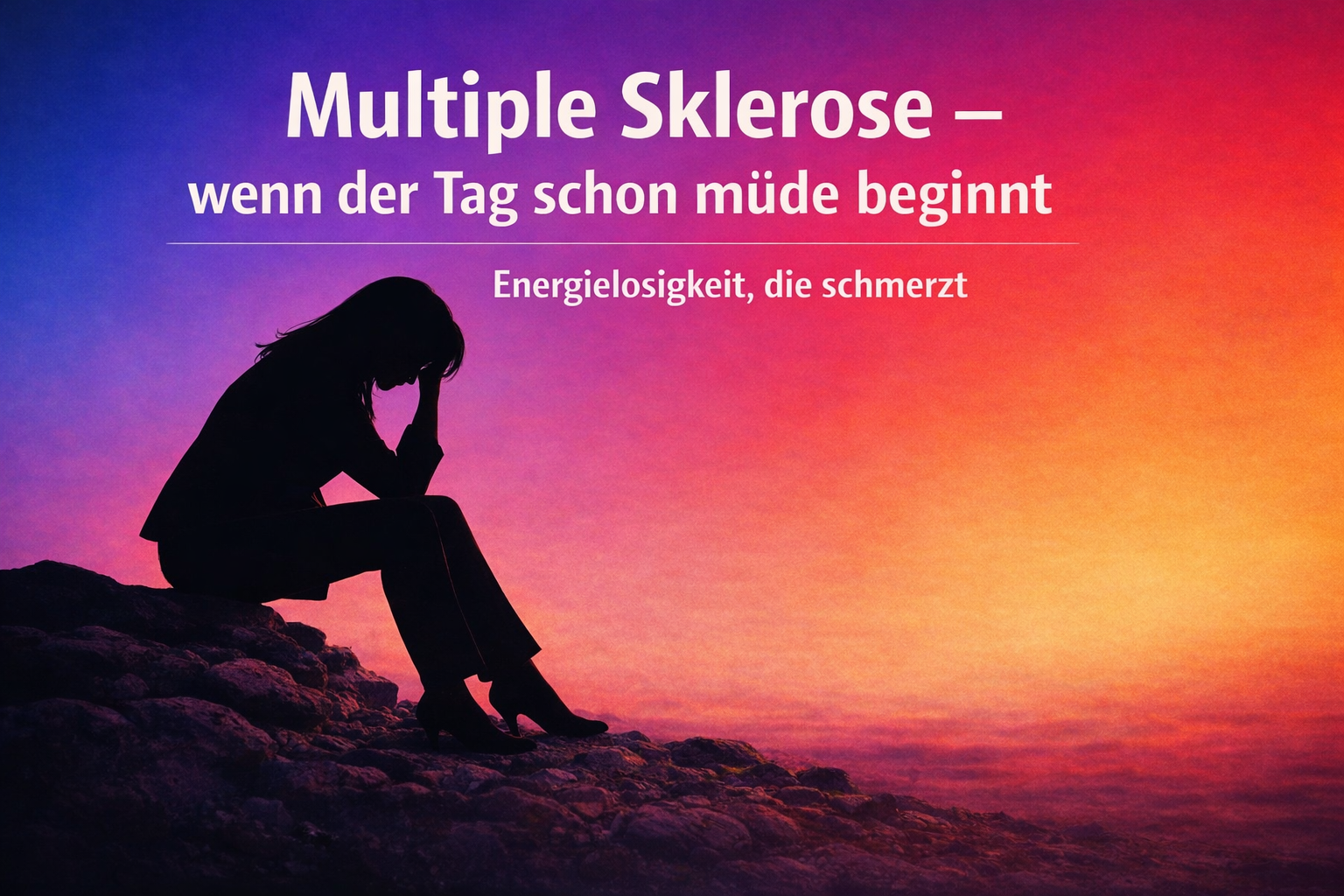 Schwarze Silhouette einer 45-jährigen Frau mit glatten Haaren im Business-Outfit und Absätzen, sitzend auf steinigem Boden vor einem kräftigen Blau-Violett-Rot-Orange-Farbverlauf. Text im Bild: „Multiple Sklerose – wenn der Tag schon müde beginnt“ und „Energielosigkeit, die schmerzt“.