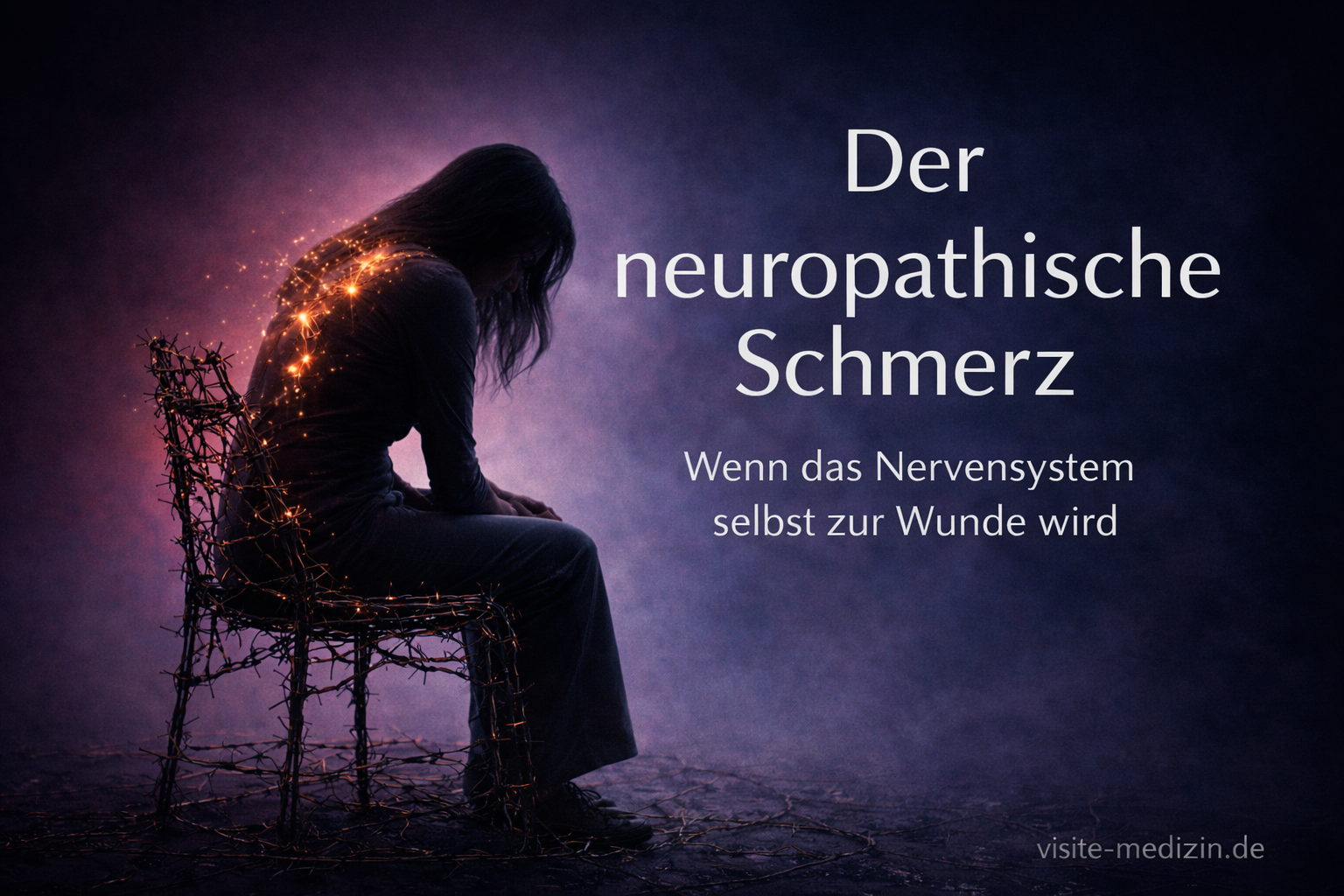 Schwarze Silhouette einer 45-jährigen Frau mit langen, glatten Haaren, die auf einem Stuhl aus Stacheldraht sitzt. Im Rücken leuchten dezente, abstrakte Lichtimpulse wie elektrische Entladungen. Links die Figur, rechts großer weißer Text: „Der neuropathische Schmerz“ und „Wenn das Nervensystem selbst zur Wunde wird“. Hintergrund mit harmonischem Farbverlauf in Blau, Violett und dunklem Magenta. Signatur: visite-medizin.de.