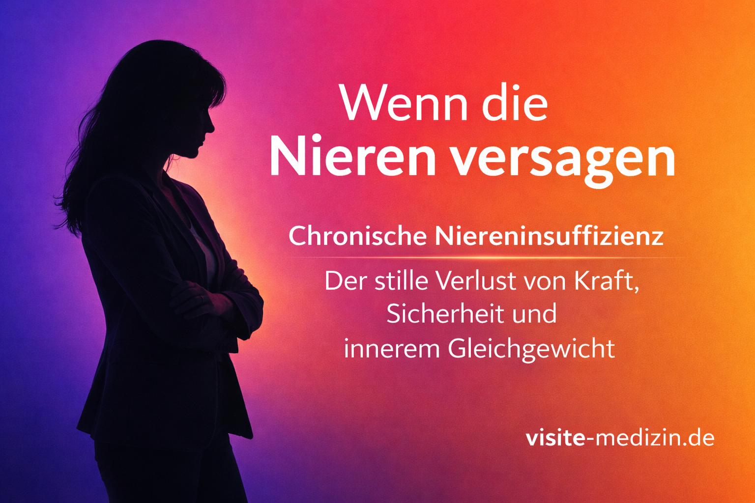Schwarze Silhouette einer 45-jährigen Frau im Business-Outfit mit langen Haaren links im Bild. Rechts der Titel ‚Wenn die Nieren versagen‘ und der Untertitel zur chronischen Niereninsuffizienz vor ruhigem Farbverlauf. Signatur visite-medizin.de.