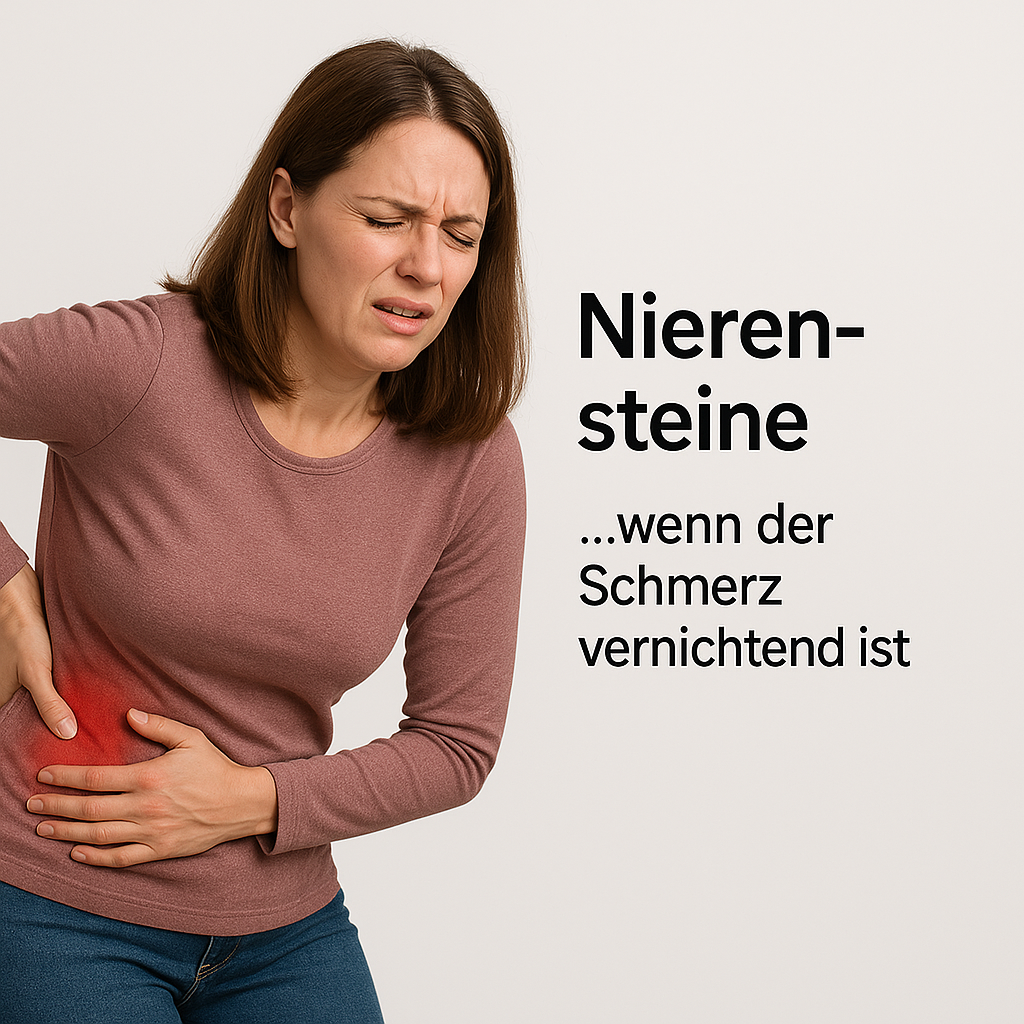Frau mit Schmerzen in der Flanke, typische Haltung bei Nierenkolik. Weißer Hintergrund.
