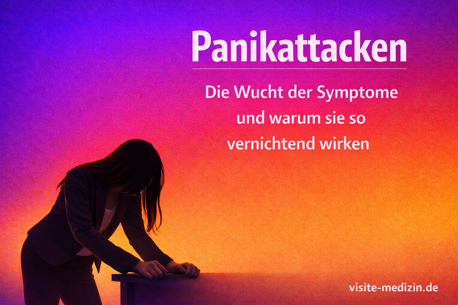 Frau im Business-Outfit sitzt auf einem Stuhl, hält die Hände vor das Gesicht und wirkt von einer Panikattacke überwältigt. Im Hintergrund ein weicher Farbverlauf in Violett, Magenta, Rot, Orange und Gelb. Oben steht der Titel Panikattacken, darunter zentriert der Untertitel Wenn gar nichts mehr geht. Unten rechts steht visite-medizin.de.