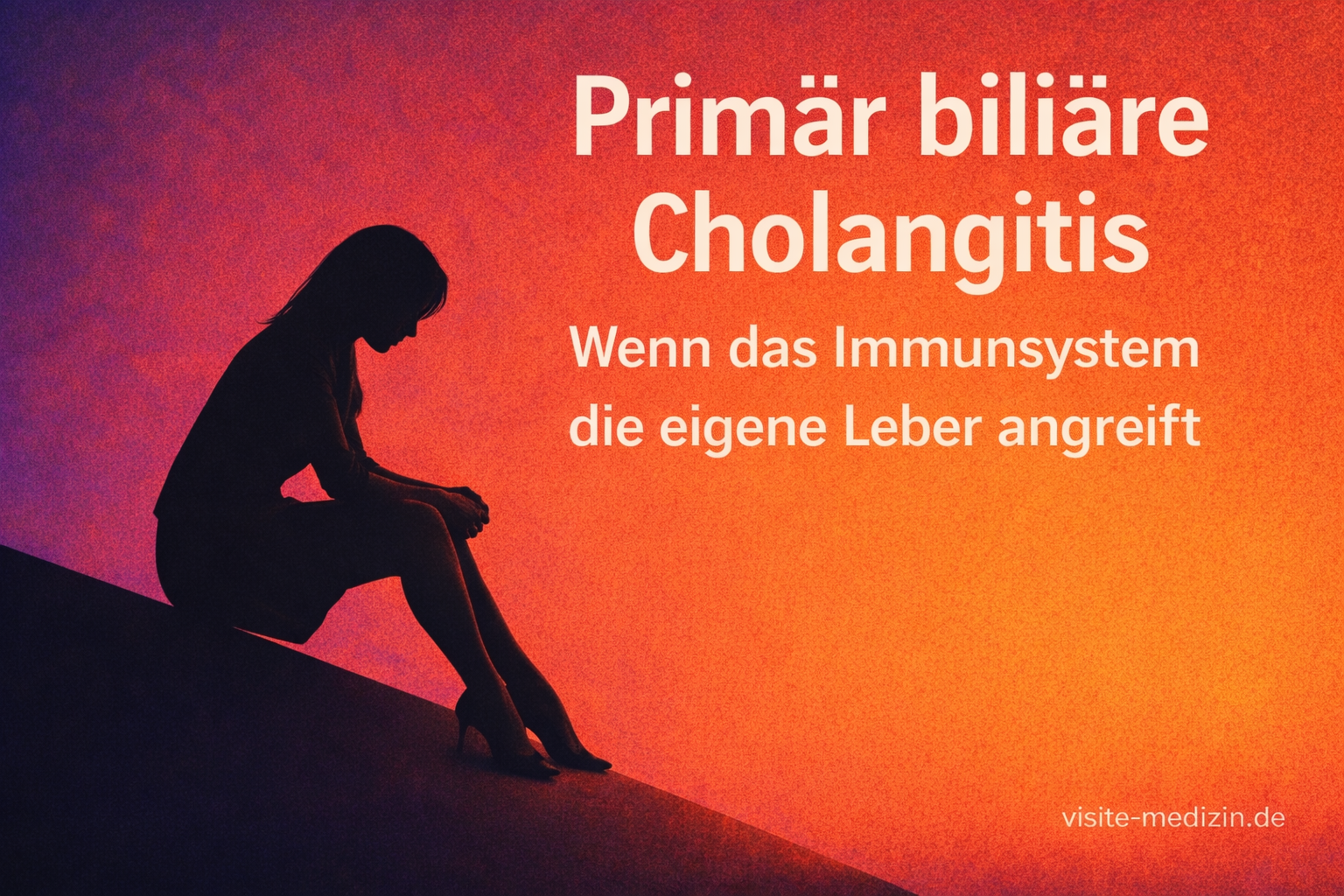 Schwarze Silhouette einer Frau im Business-Outfit mit langem glattem Haar, sitzend auf einer schrägen Fläche vor weichem Farbverlauf. Text: Primär biliäre Cholangitis. Untertitel: Wenn das Immunsystem die eigene Leber angreift. Signatur: visite-medizin.de.