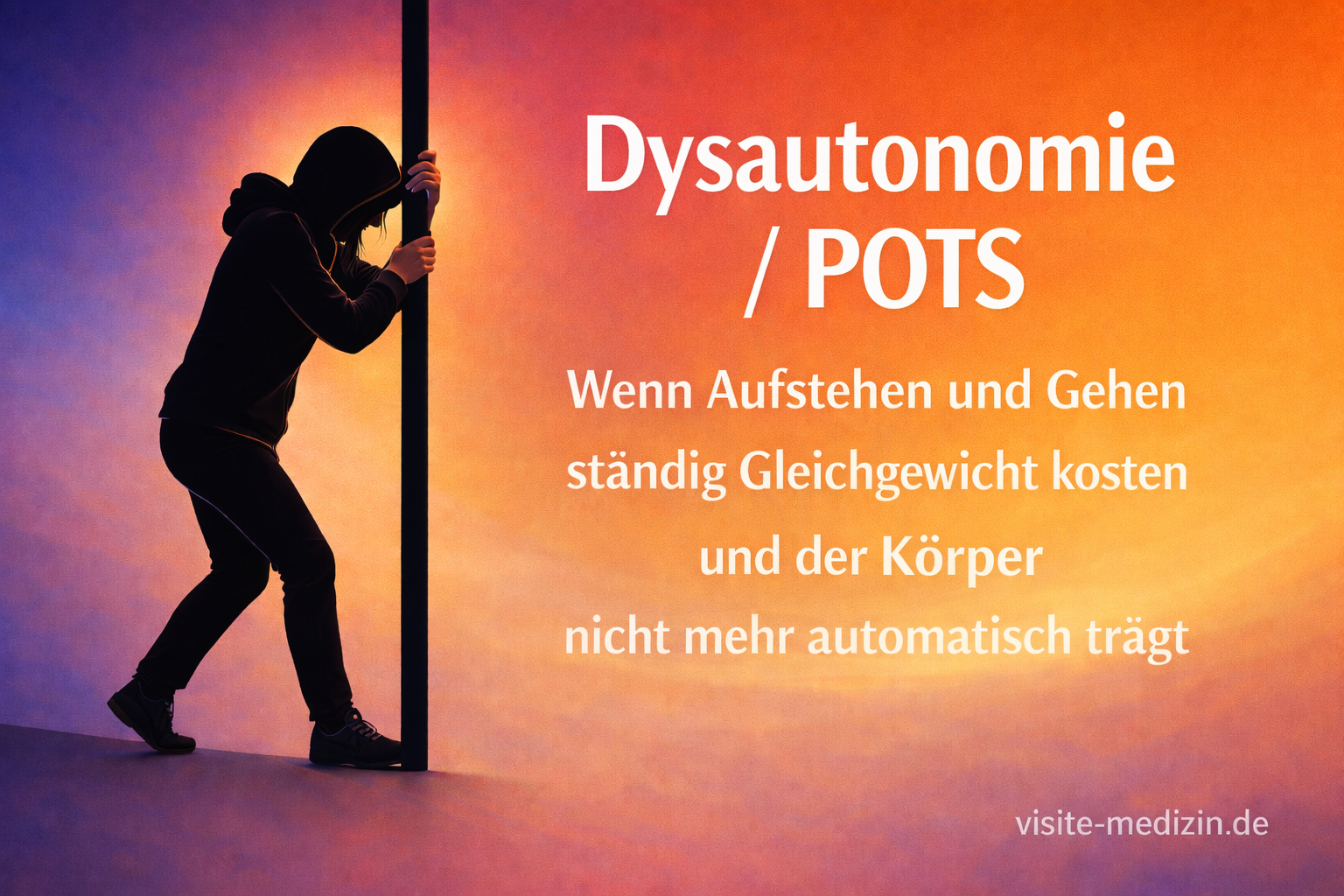 Dysautonomie / POTS: Schwarze Silhouette einer Frau im Hoodie, die sich unsicher an einem schmalen Halt festhält. Abstrakter, ästhetischer Farbverlauf im Hintergrund in Blau, Rot, Orange und Gelb. Thema: Kreislaufinstabilität, Herzrasen, Schwindel.
