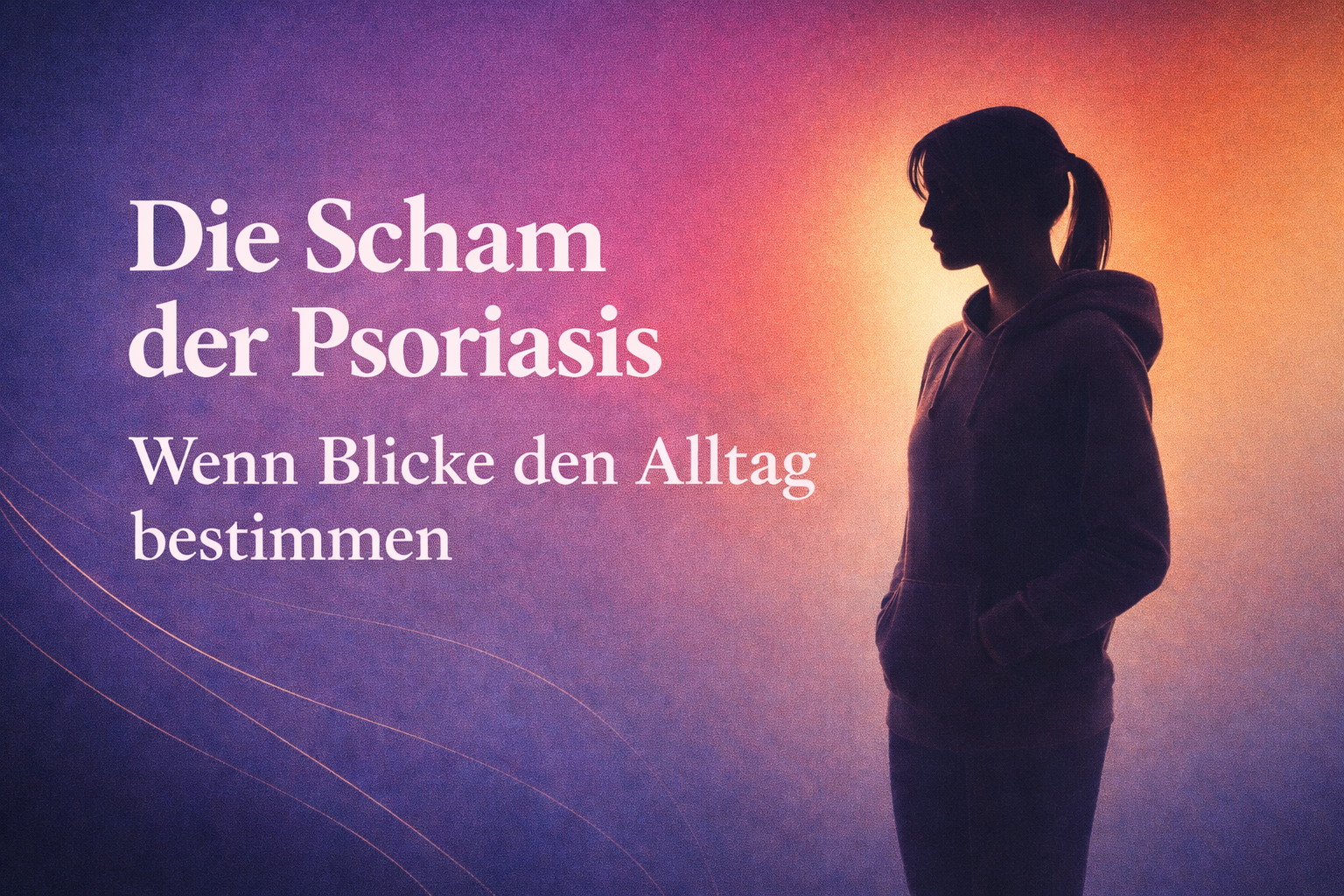 Social-Motiv im Querformat mit ästhetischem Farbverlauf (Blau bis Orange). Rechts steht die schwarze Silhouette einer Frau im Hoodie. Links steht der weiße Titel „Die Scham der Psoriasis“ und der Untertitel „Wenn Blicke den Alltag bestimmen“ über zwei Zeilen.