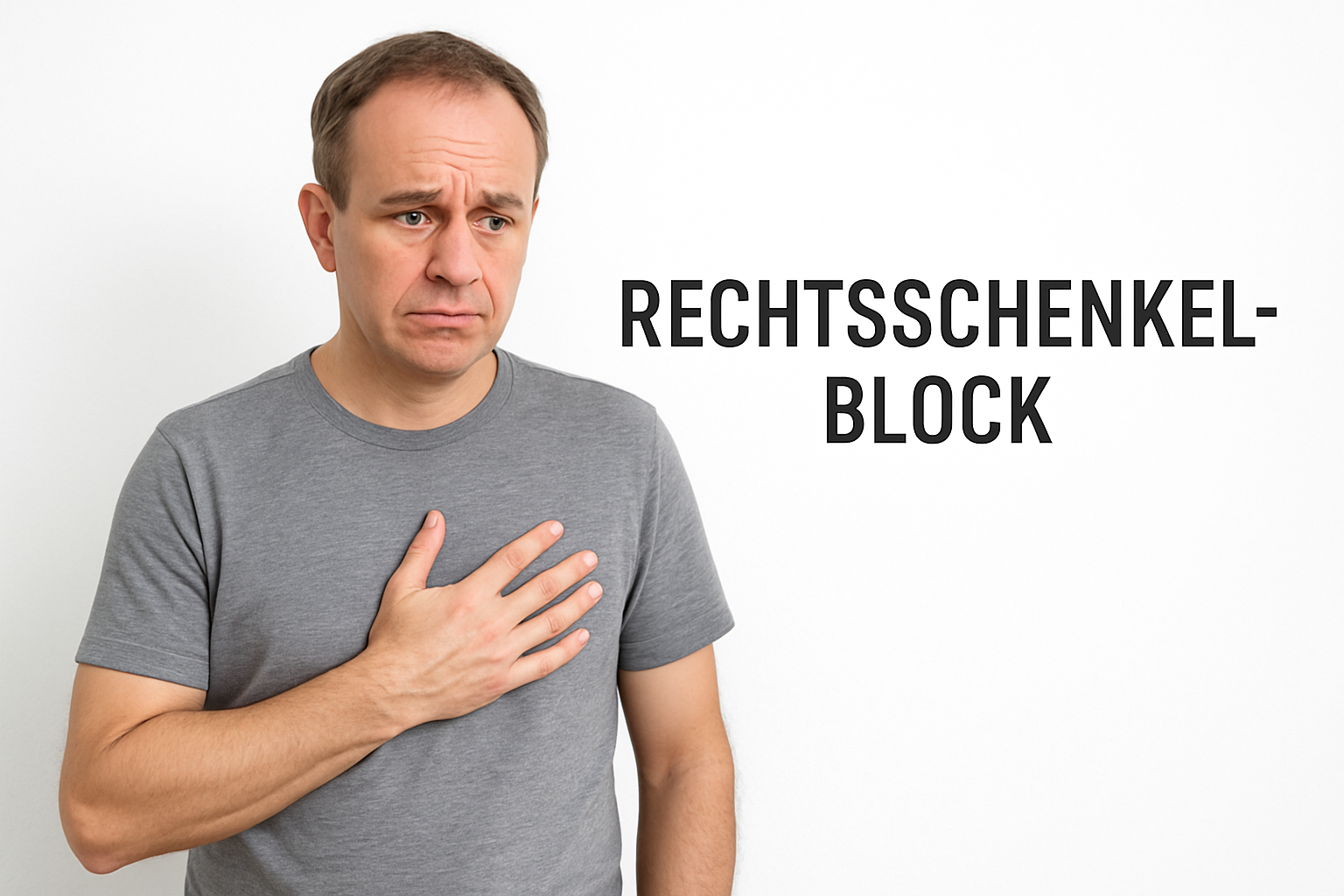Mann (ca. 55) mit unsicherer Mimik, Hand auf der Brust, weißer Hintergrund – Symbolbild für Rechtsschenkelblock.