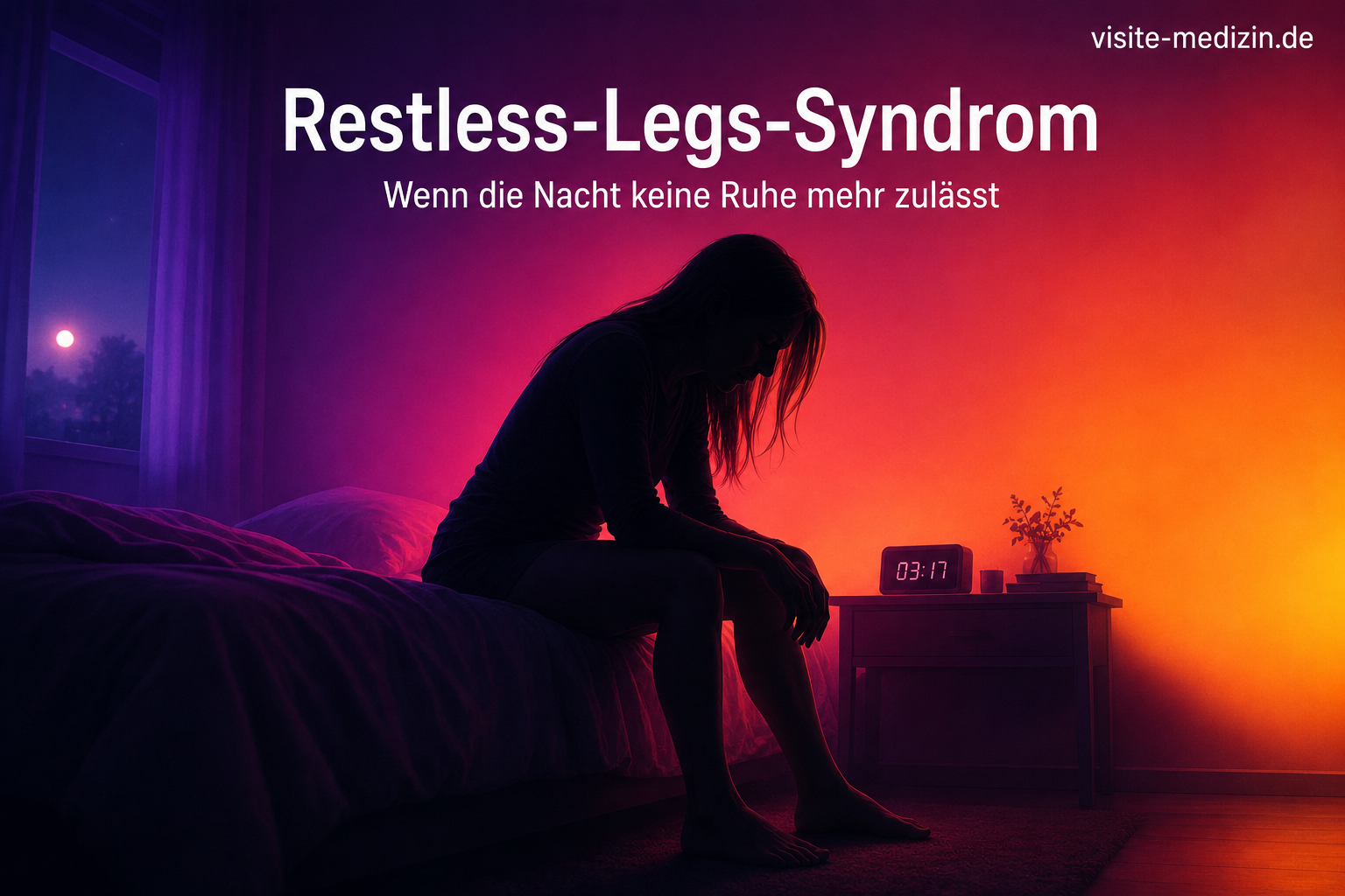 Dunkle Silhouette einer erschöpften Frau, die nachts auf einer Bettkante sitzt, während ein Wecker 03:17 Uhr zeigt. Das Bild symbolisiert Schlaflosigkeit und innere Unruhe beim Restless-Legs-Syndrom.