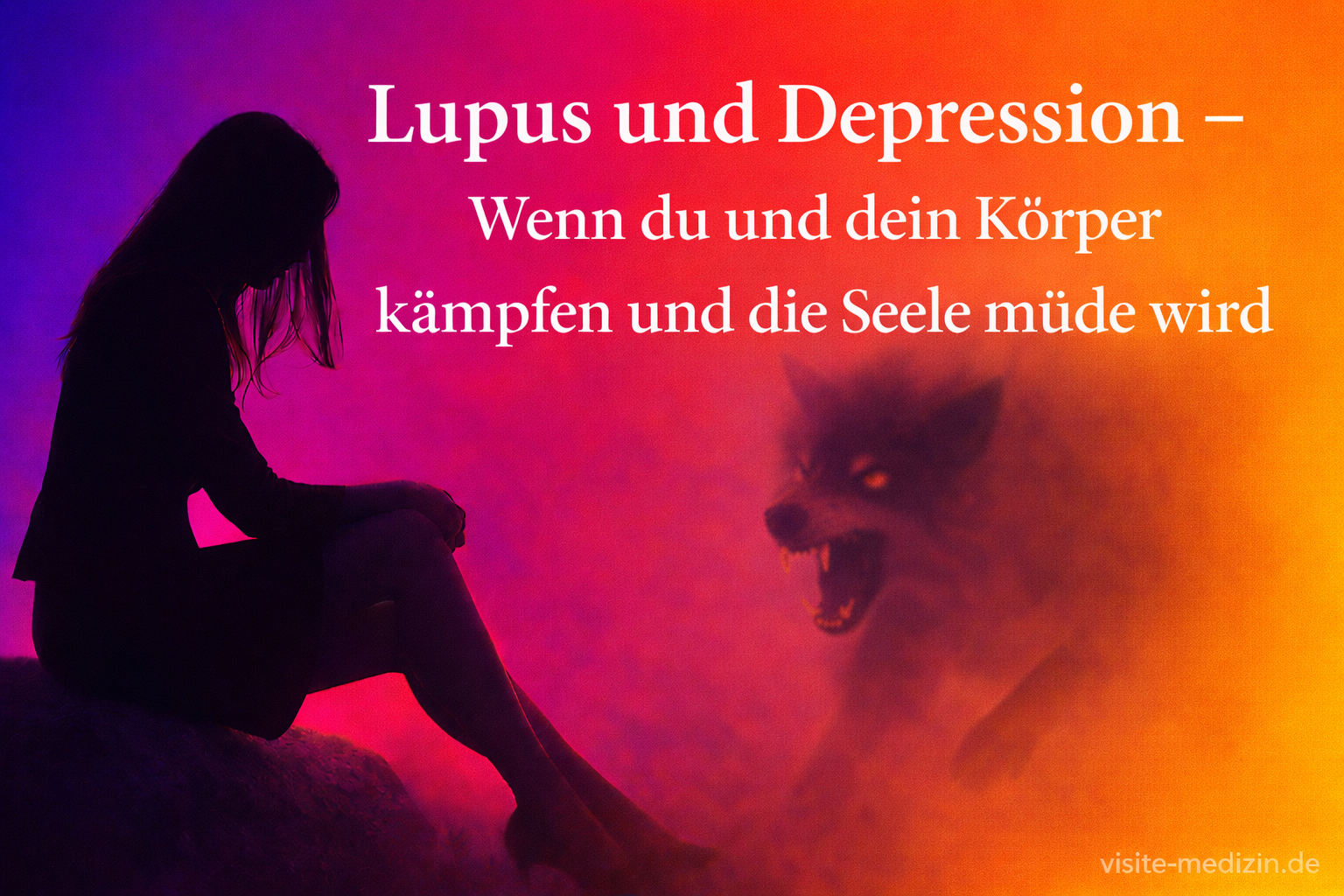 Schwarze Silhouette einer Frau mit langen Haaren in Business-Outfit, sitzend auf einem Stein links. Im farbigen Verlaufshintergrund erscheint rechts ein stark verschwommener, schattenhafter Wolf in Angriffsbewegung. Oben steht in großen weißen Textzeilen: ‚Lupus und Depression – Wenn du und dein Körper kämpfen und die Seele müde wird‘. Unten rechts die Signatur visite-medizin.de.