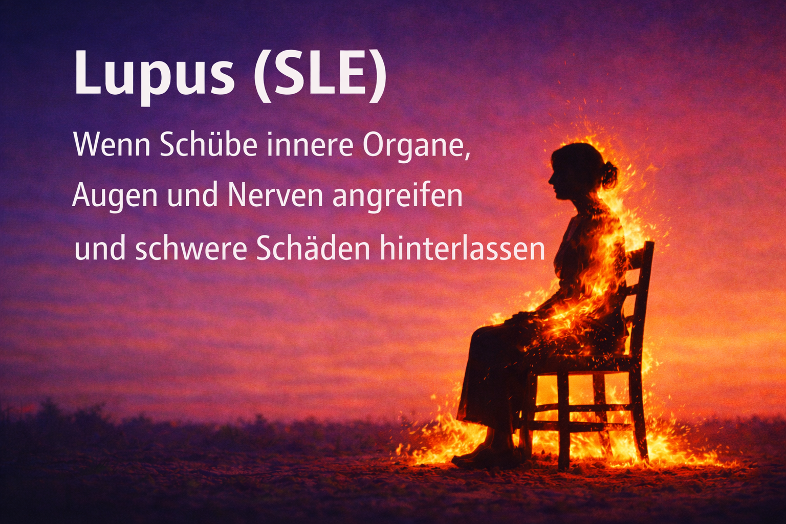 Schwarze Silhouette einer aufrecht sitzenden Frau auf hartem Stuhl vor kräftigem Farbverlauf in Blau, Magenta, Orange und Gelb. Links großer Titel: „Lupus (SLE)“. Darunter großer Untertitel: „Wenn Schübe innere Organe, Augen und Nerven angreifen und schwere Schäden hinterlassen“.