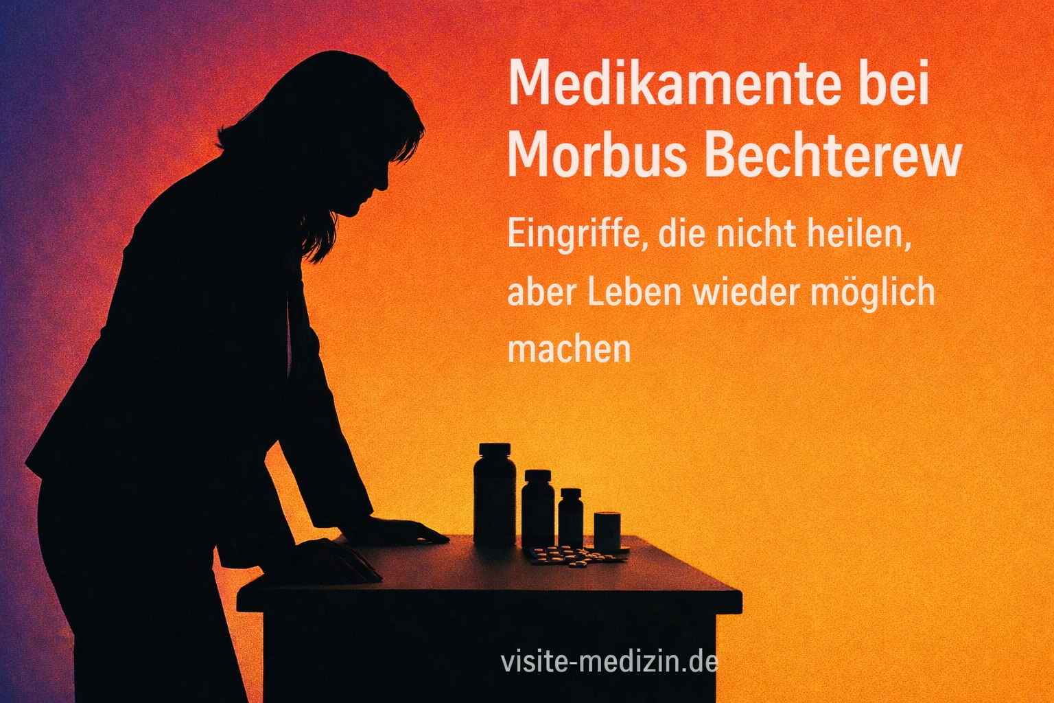 Schwarze Silhouette einer Frau im Business-Outfit stützt sich auf einen Schreibtisch; auf dem Tisch stehen Medikamente. Rechts steht der Text: „Medikamente bei Morbus Bechterew – Eingriffe, die nicht heilen, aber Leben wieder möglich machen“. Hintergrund mit Farbverlauf.