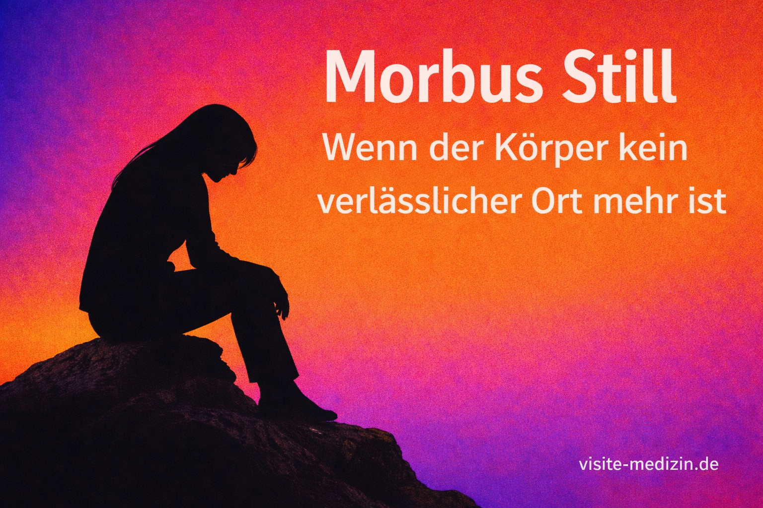 Schwarze Silhouette einer 40-jährigen Frau mit langen Haaren im Business-Outfit, sitzend auf einem Felsen links im Bild. Rechts steht groß der Titel 'Morbus Still' und darunter der Untertitel 'Wenn der Körper kein verlässlicher Ort mehr ist'. Hintergrund mit Verlauf in Petrol, Violett, Rot und Orange im Passepartout-Stil.