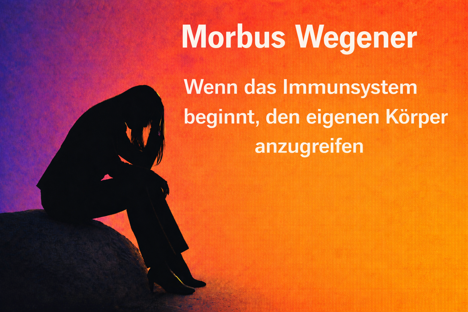 Schwarze Silhouette einer erschöpften Frau im Business-Outfit, sitzend auf einem Stein. Rechts steht der Titel „Morbus Wegener“ und darunter der Untertitel „Wenn das Immunsystem beginnt, den eigenen Körper anzugreifen“ vor einem Farbverlauf von Violett zu Orange.