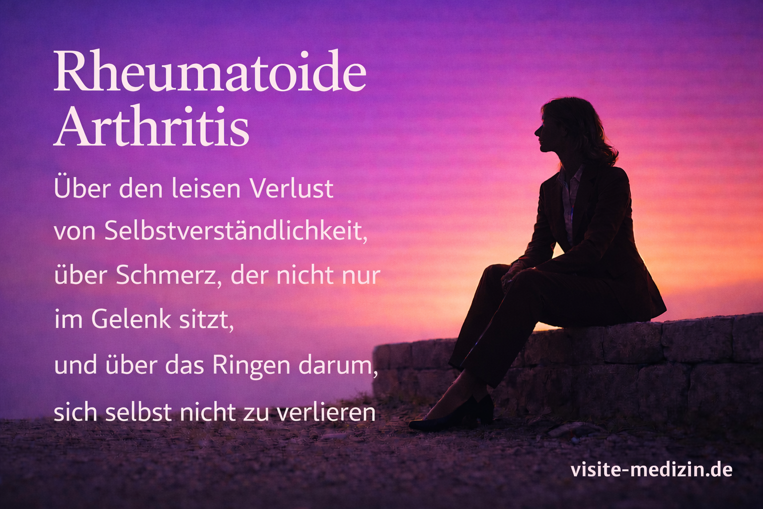 Schwarze Silhouette einer Frau im Business-Outfit, sitzend auf einer Steinmauer. Links steht der Titel ‚Rheumatoide Arthritis‘ mit Untertitel. Hintergrund: abstrakter Farbverlauf von Magenta/Violett zu Orange. Signatur ‚visite-medizin.de‘ rechts unten.
