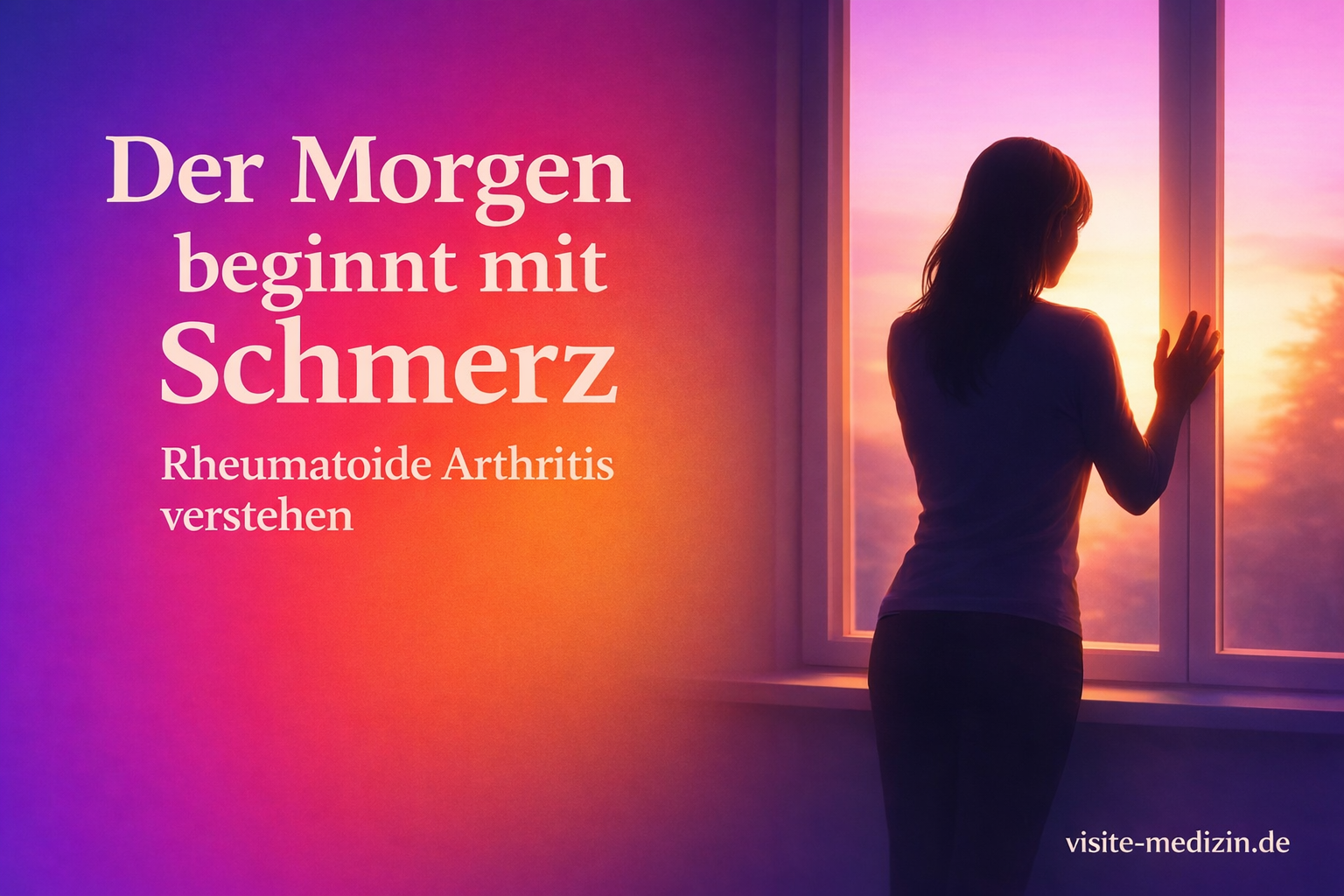 Schwarze Silhouette einer Frau am Fenster im Morgenlicht, links großer Titel 'Der Morgen beginnt mit Schmerz', darunter 'Rheumatoide Arthritis verstehen', unten rechts Signatur 'visite-medizin.de' vor harmonischem Farbverlauf in Violett, Pink, Orange und Gelb.