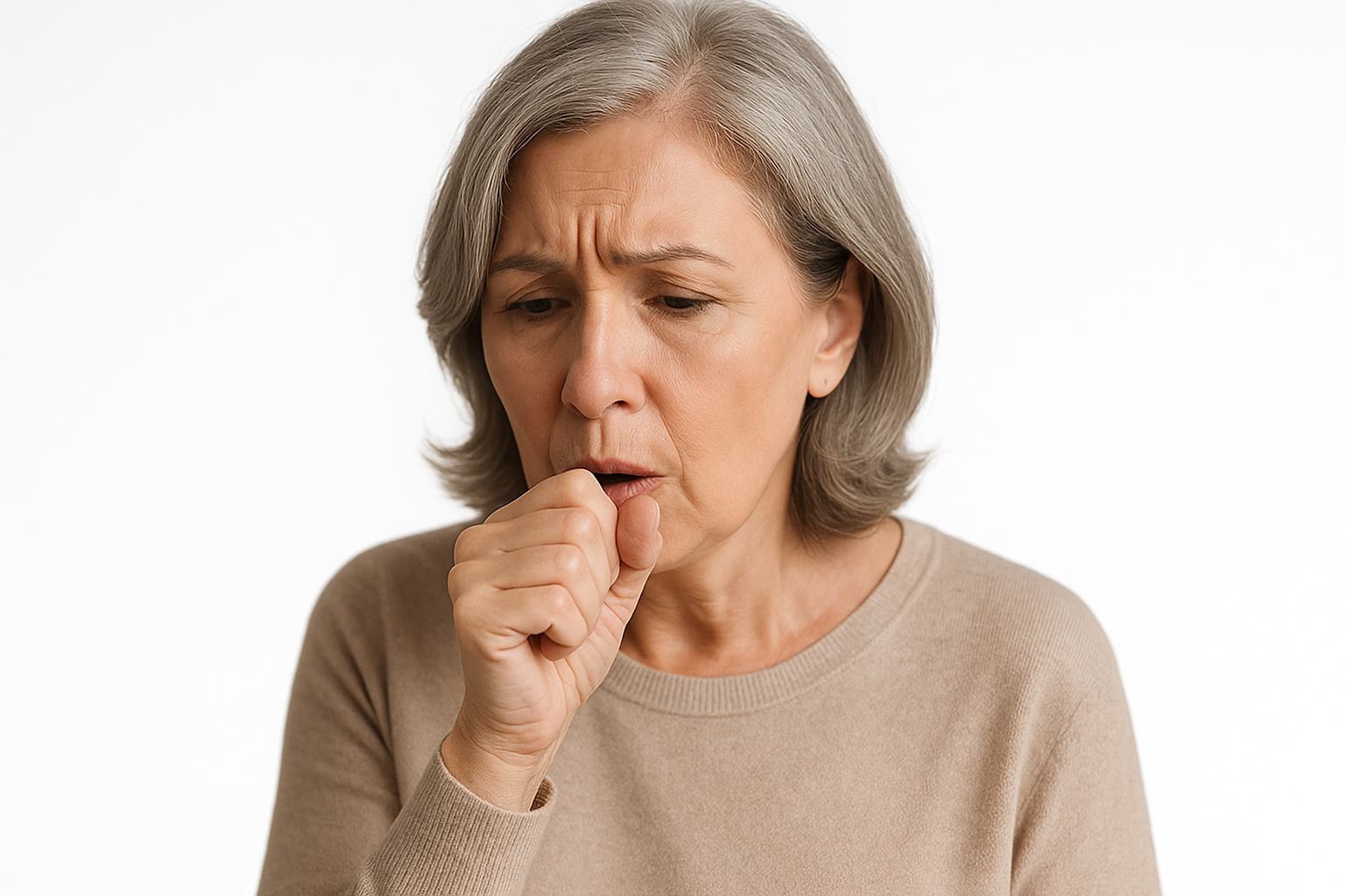 Gut aussehende, gepflegte Frau um 60 hustet – typisches RSV-Symptom. Bei Älteren und Risikogruppen ernst nehmen.