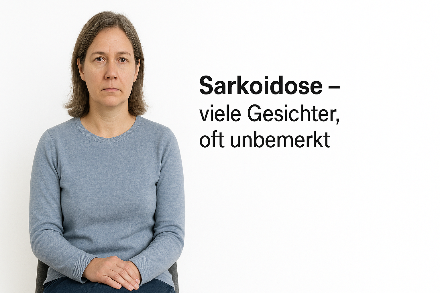 Frau ab 40 sitzt entspannt vor rein weißem Hintergrund. Rechts im Bild steht in schwarzer Schrift: »Sarkoidose – viele Gesichter, oft unbemerkt«.