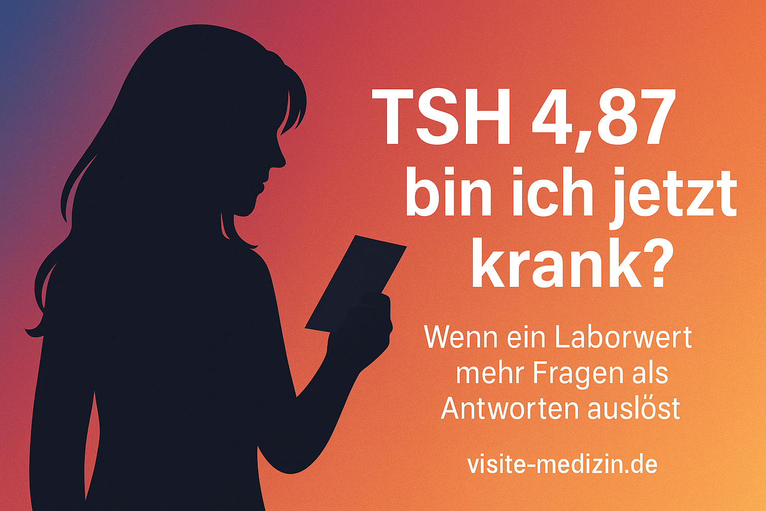 Silhouette einer nachdenklichen Frau mit offenen Haaren, die einen Laborzettel mit dem TSH-Wert 4,87 betrachtet, vor farbigem Verlauf