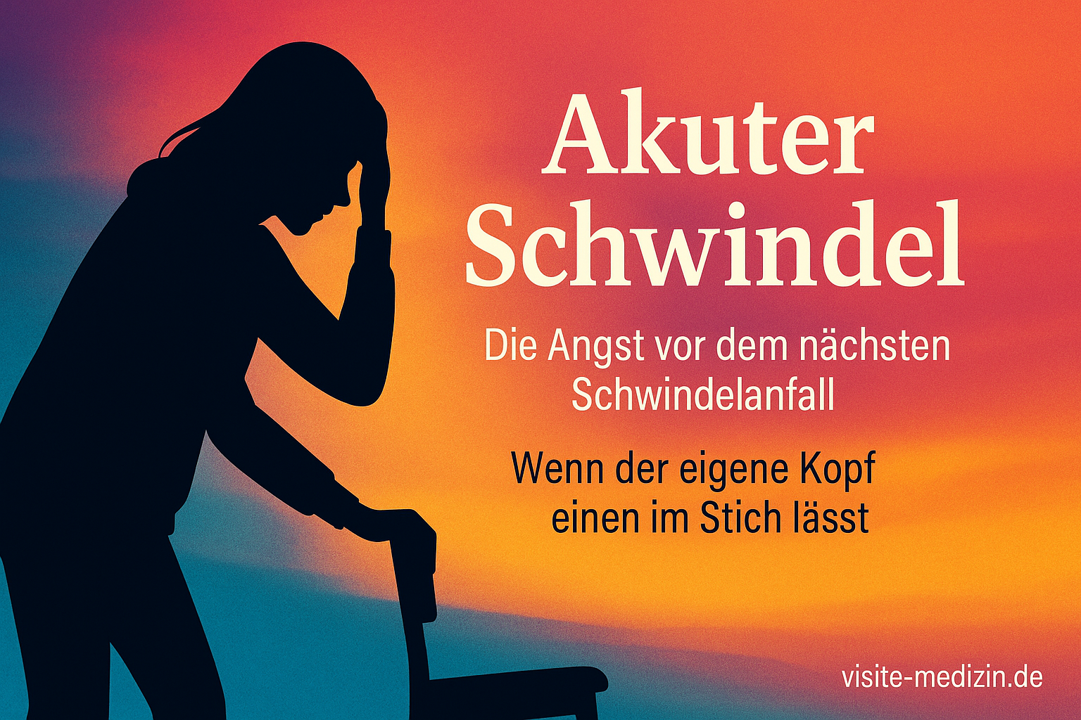 Silhouette einer Frau, die sich benommen an einem Stuhl abstützt. Titel: Akuter Schwindel – Die Angst vor dem nächsten Schwindelanfall. Wenn der eigene Kopf einen im Stich lässt.