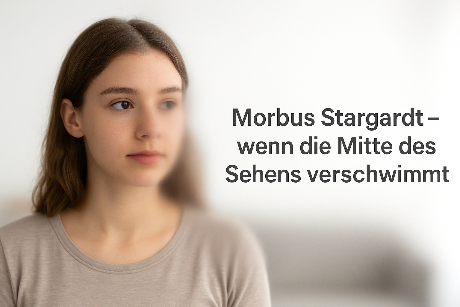 Junge Frau um die 20 Jahre, die geradeaus schaut. Das Zentrum ihres Blickfeldes ist verschwommen, während die Ränder klar bleiben – eine typische Darstellung des Sehens bei Morbus Stargardt.