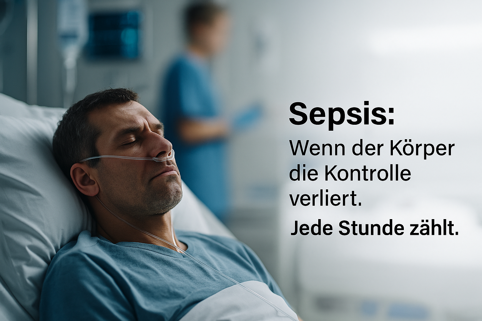 Sepsis: Patient auf Intensivstation; rechts im Bild der Titeltext: ‚Sepsis: Wenn der Körper die Kontrolle verliert. Jede Stunde zählt.‘