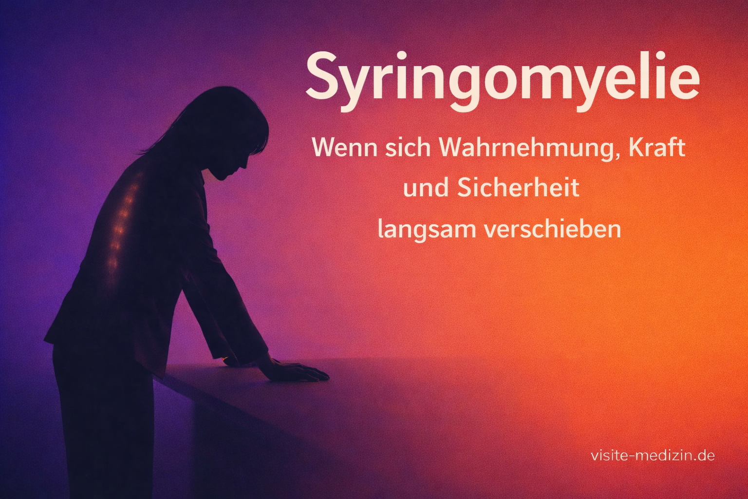 Schwarze Silhouette einer Frau im Business-Outfit, die sich auf einen Tisch stützt. Hintergrund mit weichem Farbverlauf in Violett und Orange. Rechts steht der Titel „Syringomyelie“ und der Untertitel „Wenn sich Wahrnehmung, Kraft und Sicherheit langsam verschieben“. Unten rechts die Signatur „visite-medizin.de“.