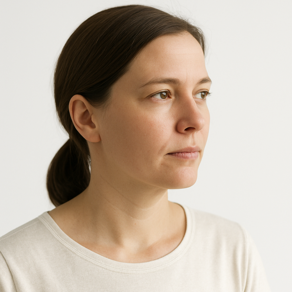 Frau zwischen 35 und 40 Jahren im Halbprofil vor weißem Hintergrund, mit ruhigem Blick in die Ferne.