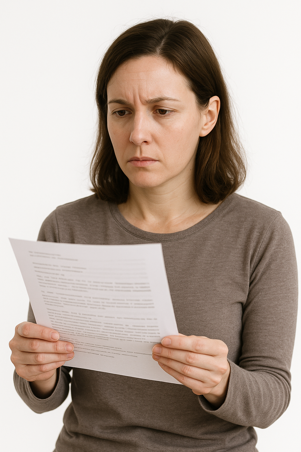 Frau (35–40) liest einen Arztbrief; ernster, fragender Blick; weißer Hintergrund