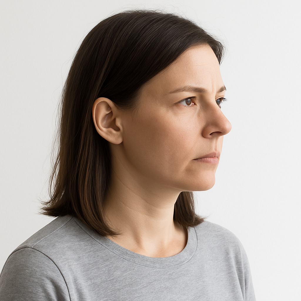 Frau (35–40) im Profil, klarer und ernster Blick in die Ferne, weißer Hintergrund