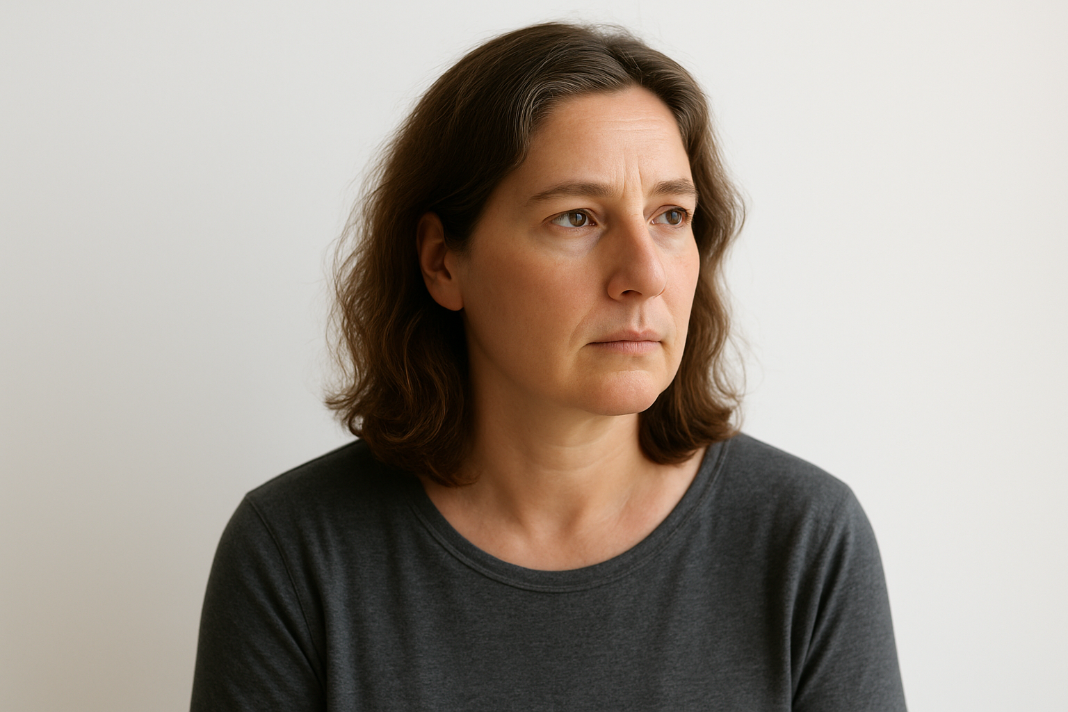 Porträt einer Frau Mitte 40 in ruhiger, würdevoller Pose – ein Moment zwischen Sorge und Hoffnung.
