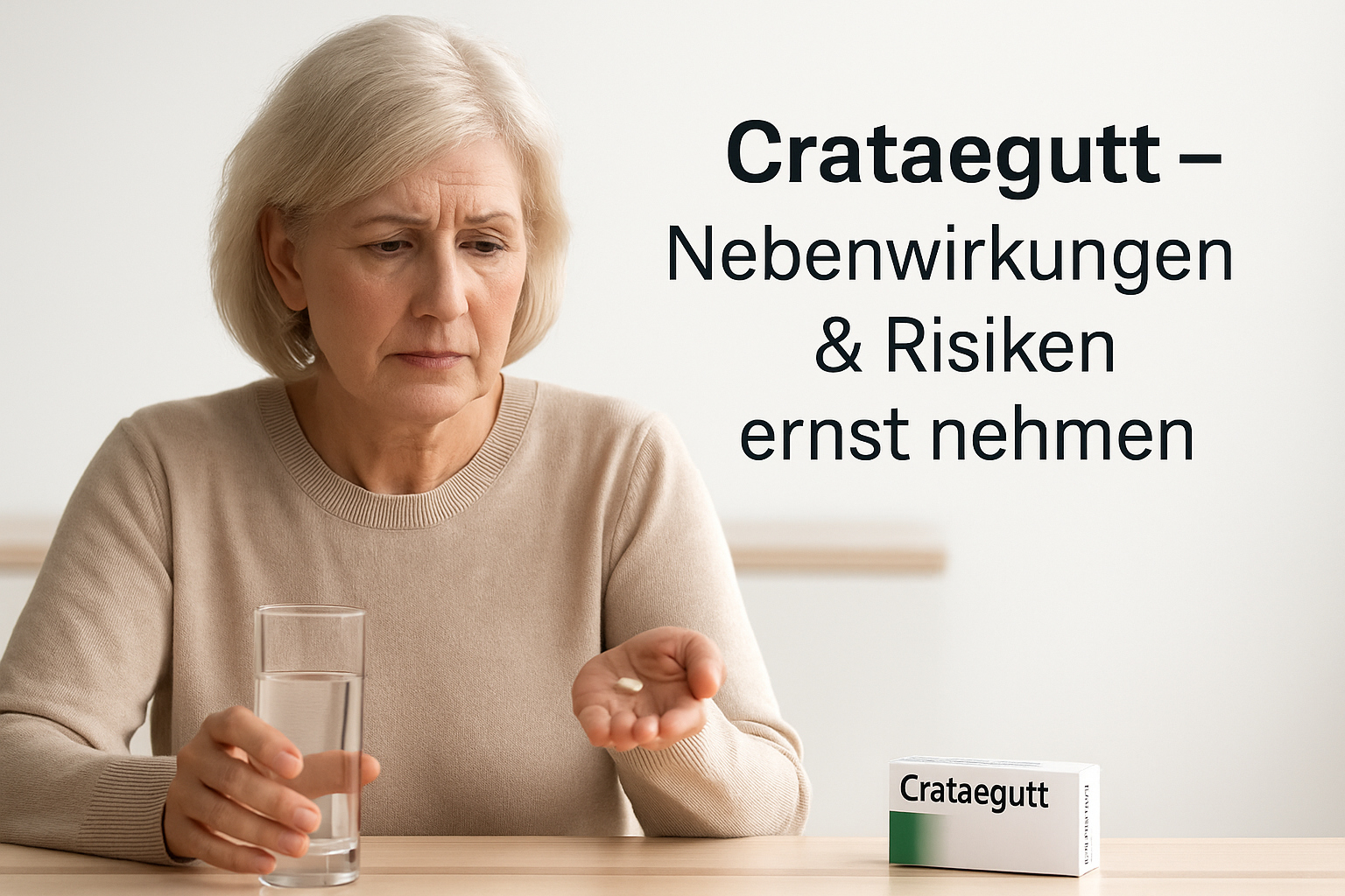 Ältere Frau mit Glas Wasser und Tablette in der Hand; rechts Text: Crataegutt – Nebenwirkungen & Risiken ernst nehmen. Auf dem Tisch Packung mit Aufdruck Crataegutt.
