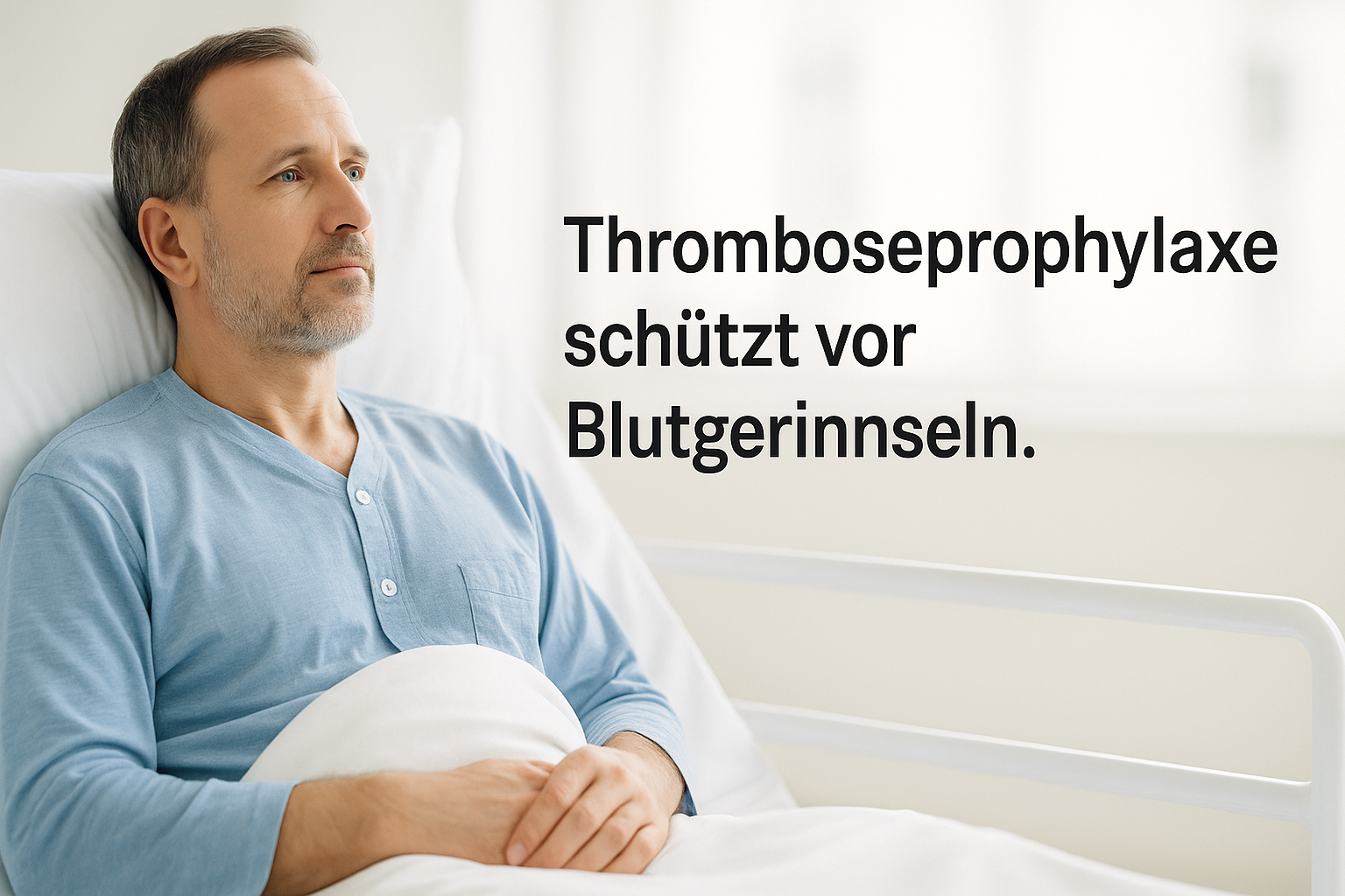 Patient liegt wach in einem Krankenhausbett; ruhiger, heller Raum, Hintergrund stark verschwommen, keine sichtbaren Schläuche oder Beutel. Symbolfoto für Thromboseprophylaxe nach Operation.