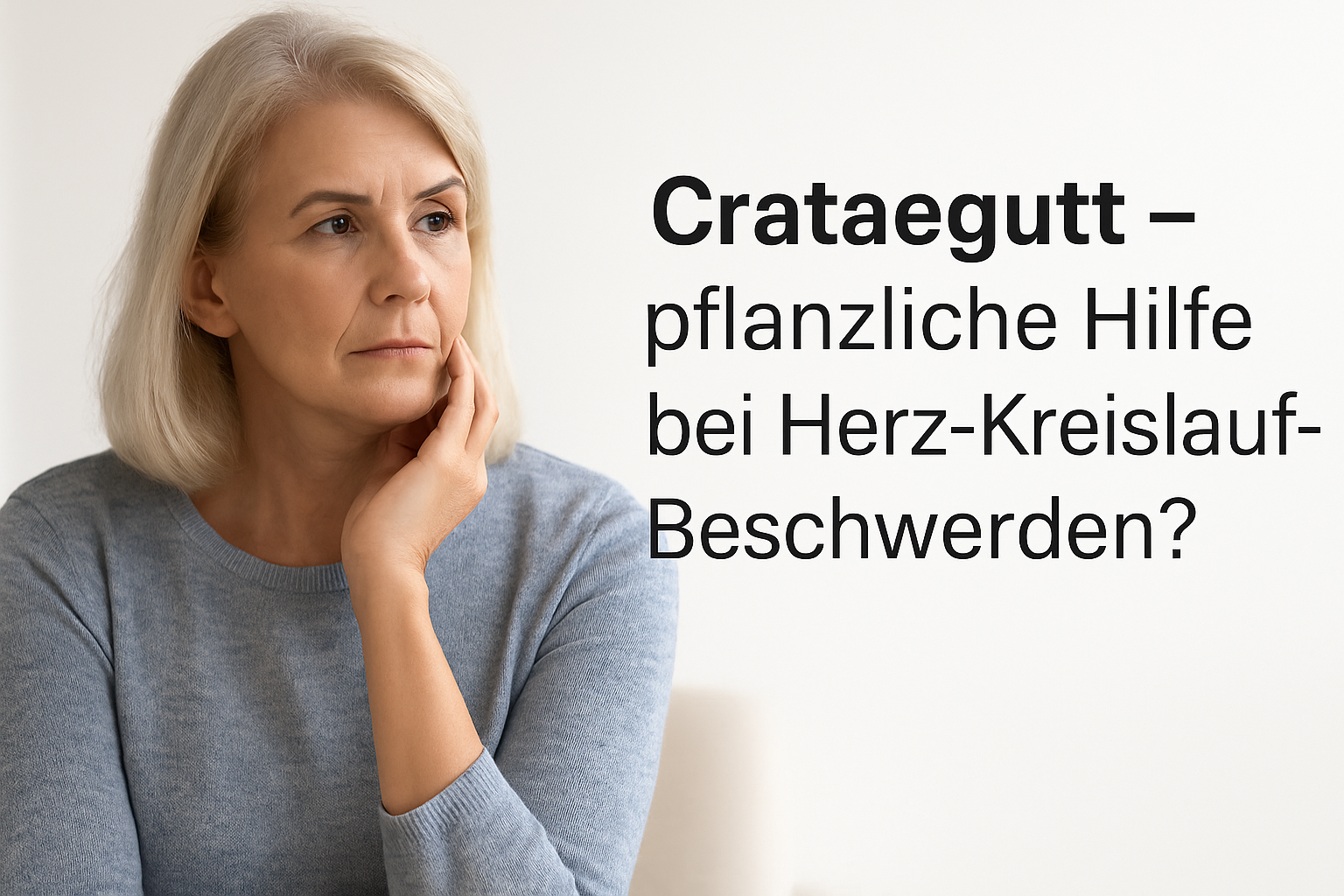 Nachdenkliche Frau um 60 vor hellem Hintergrund; rechts daneben der Text: Crataegutt – pflanzliche Hilfe bei Herz-Kreislauf-Beschwerden?